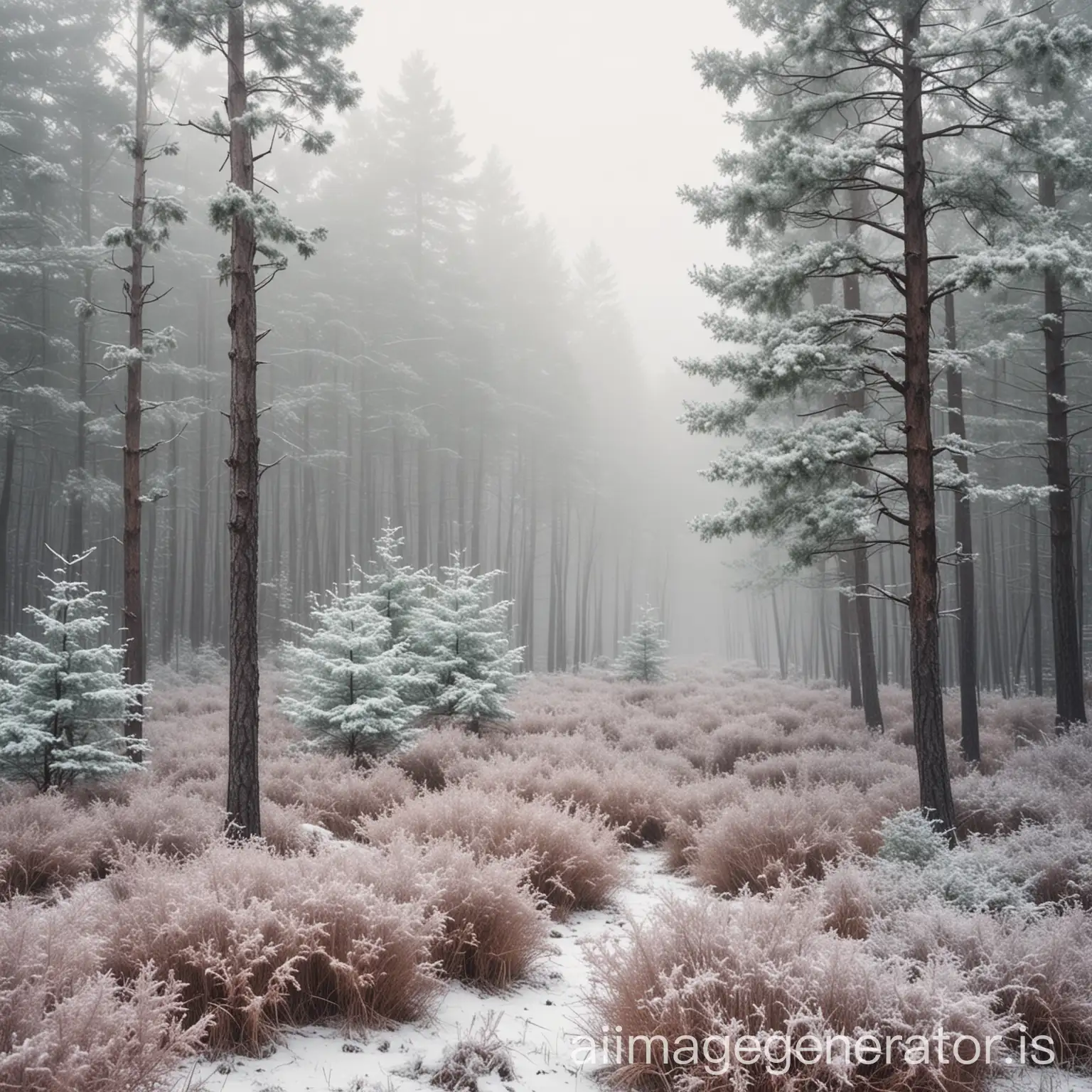 Winter-Landscape-in-a-Pine-Forest-with-Fog-and-Pastel-Tones