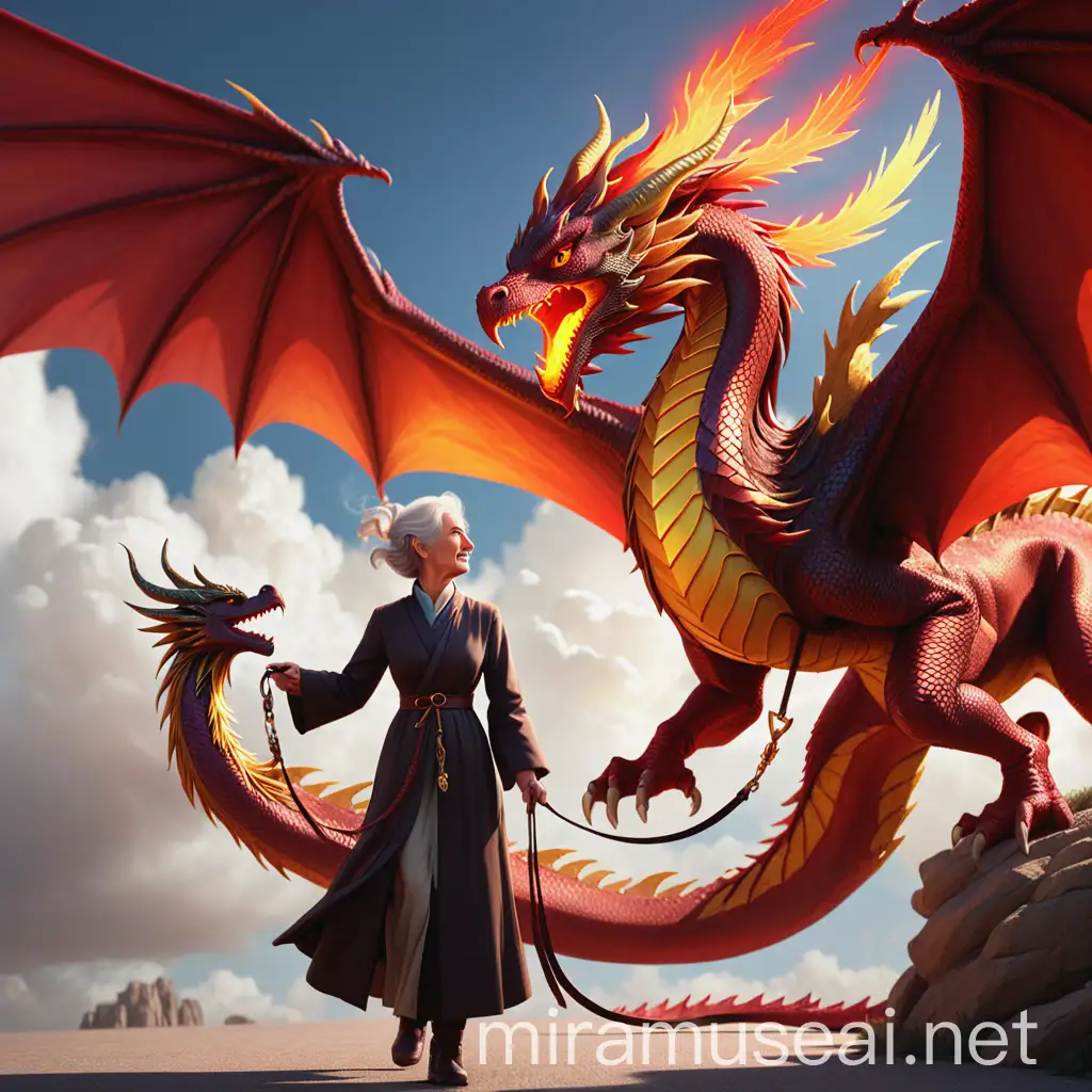 MiddleAged Woman Leading Dragon on Leash with Flying Phoenix