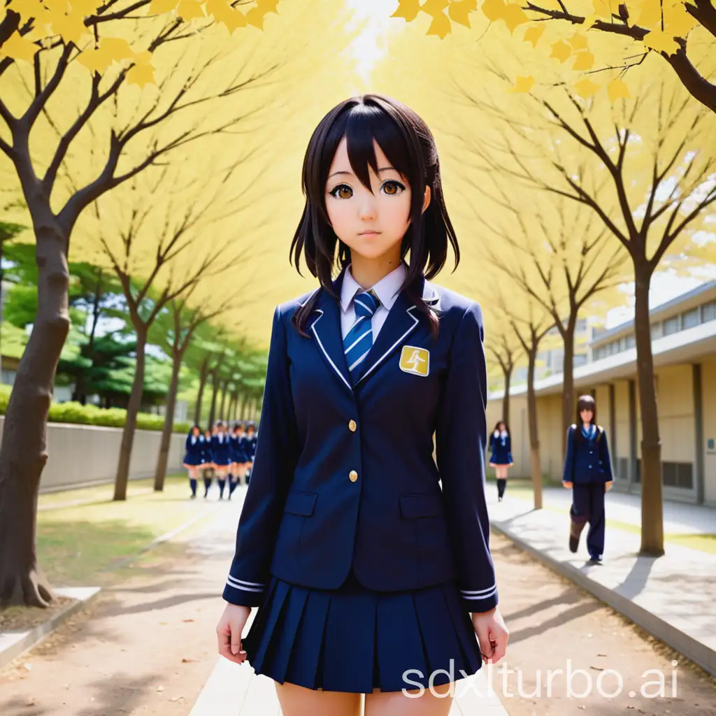 Akiyama-Mio-in-JK-Uniform-Walking-Under-Ginkgo-Trees-on-Campus-Trail