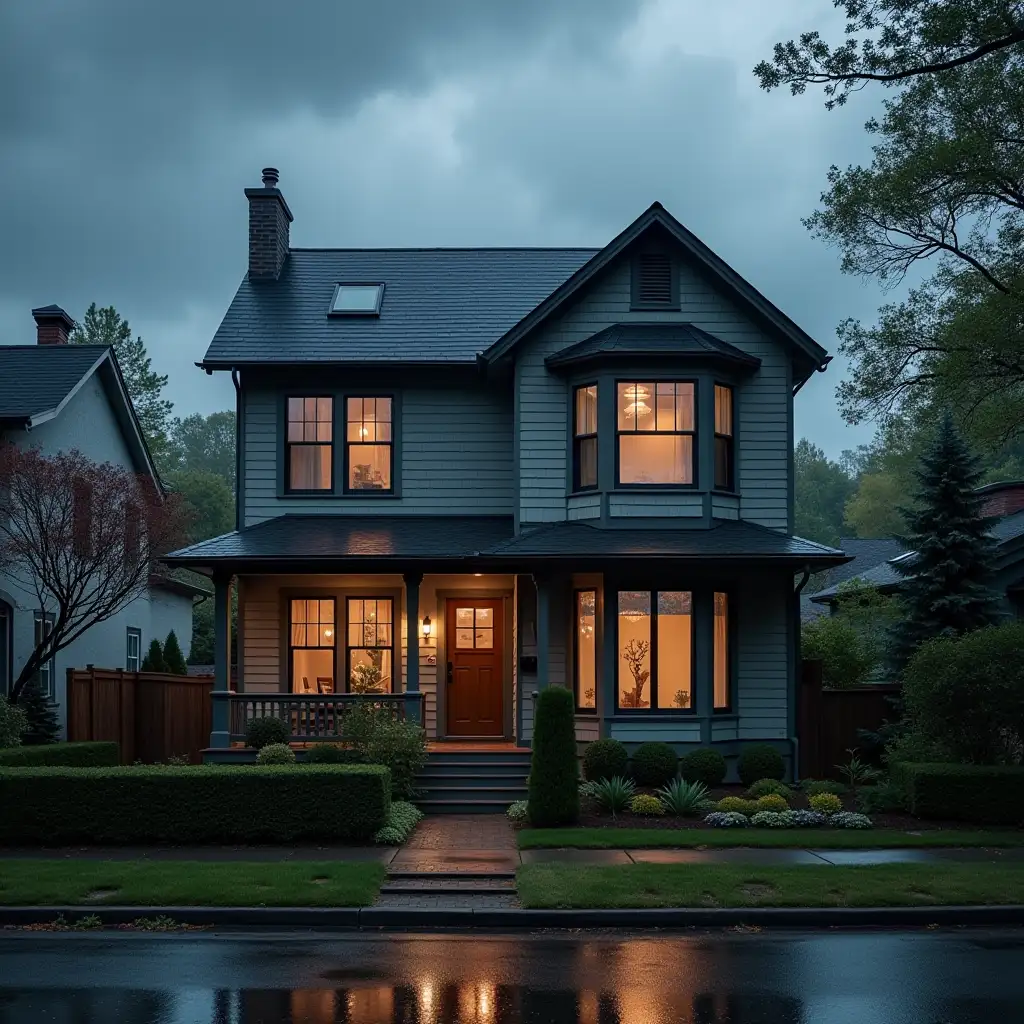 TwoStory-MiddleIncome-House-with-Stormy-Weather-Front-View