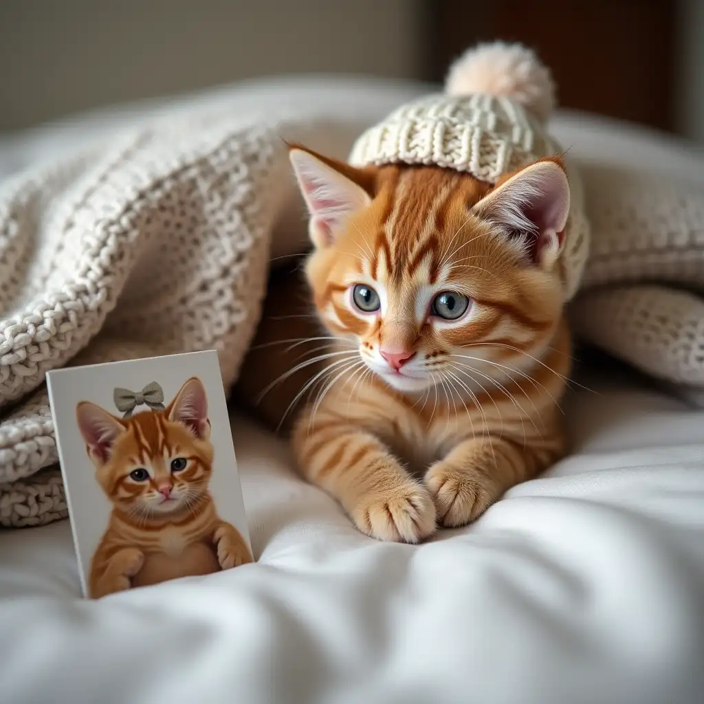 ginger cute real kitten in knitted hat lies on the bed. a blanket is on top of the kitten. a photograph of the kitten is nearby. on the photograph, the kitten has a bow. and the kitten in the bed looks at the photo and is sad