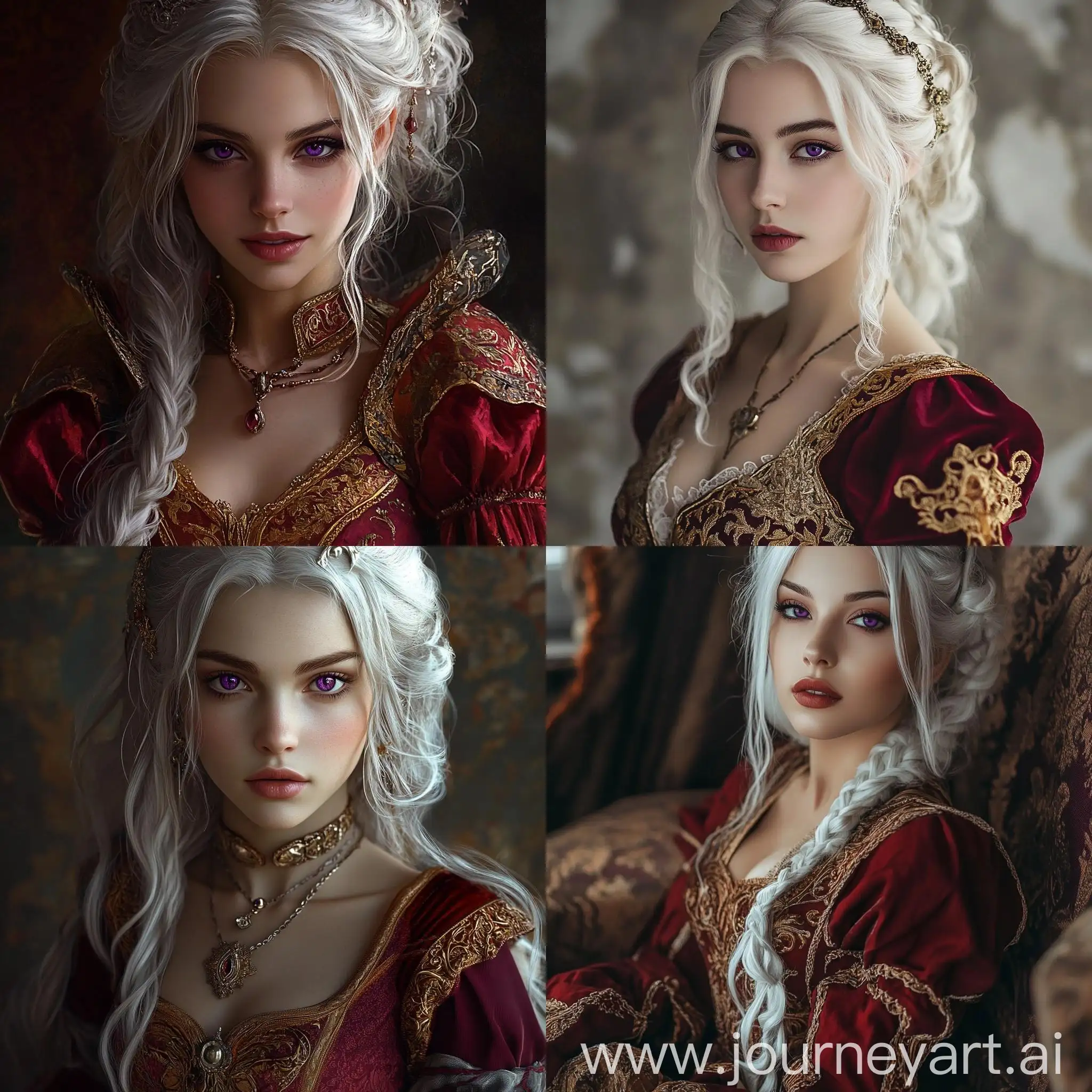 Elegant-Woman-in-Red-and-Gold-Medieval-Dress-with-White-Hair-and-Purple-Eyes