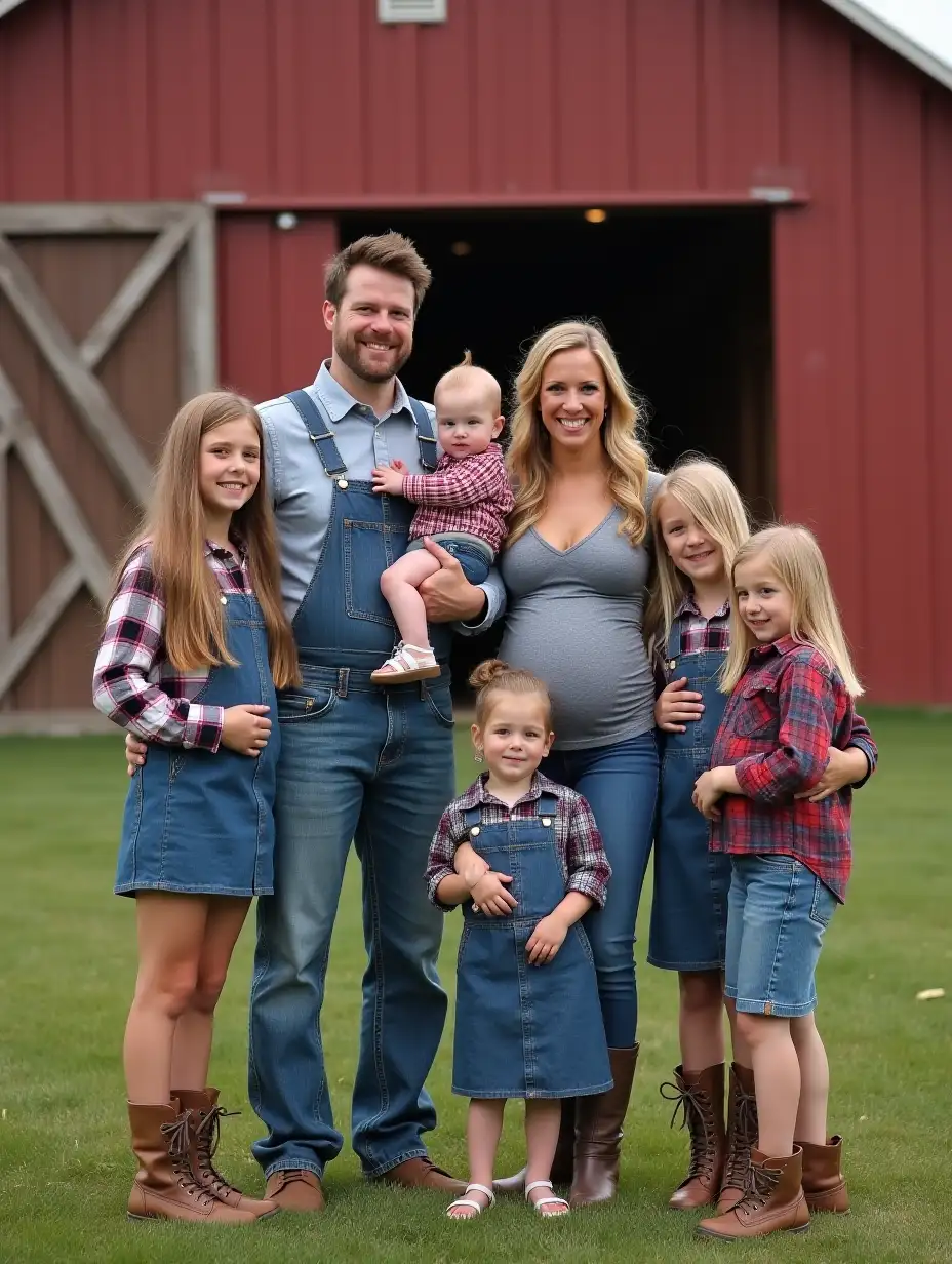 Pregnant-Farmer-Family-with-Daughters-and-Toddlers-in-Front-of-Barn