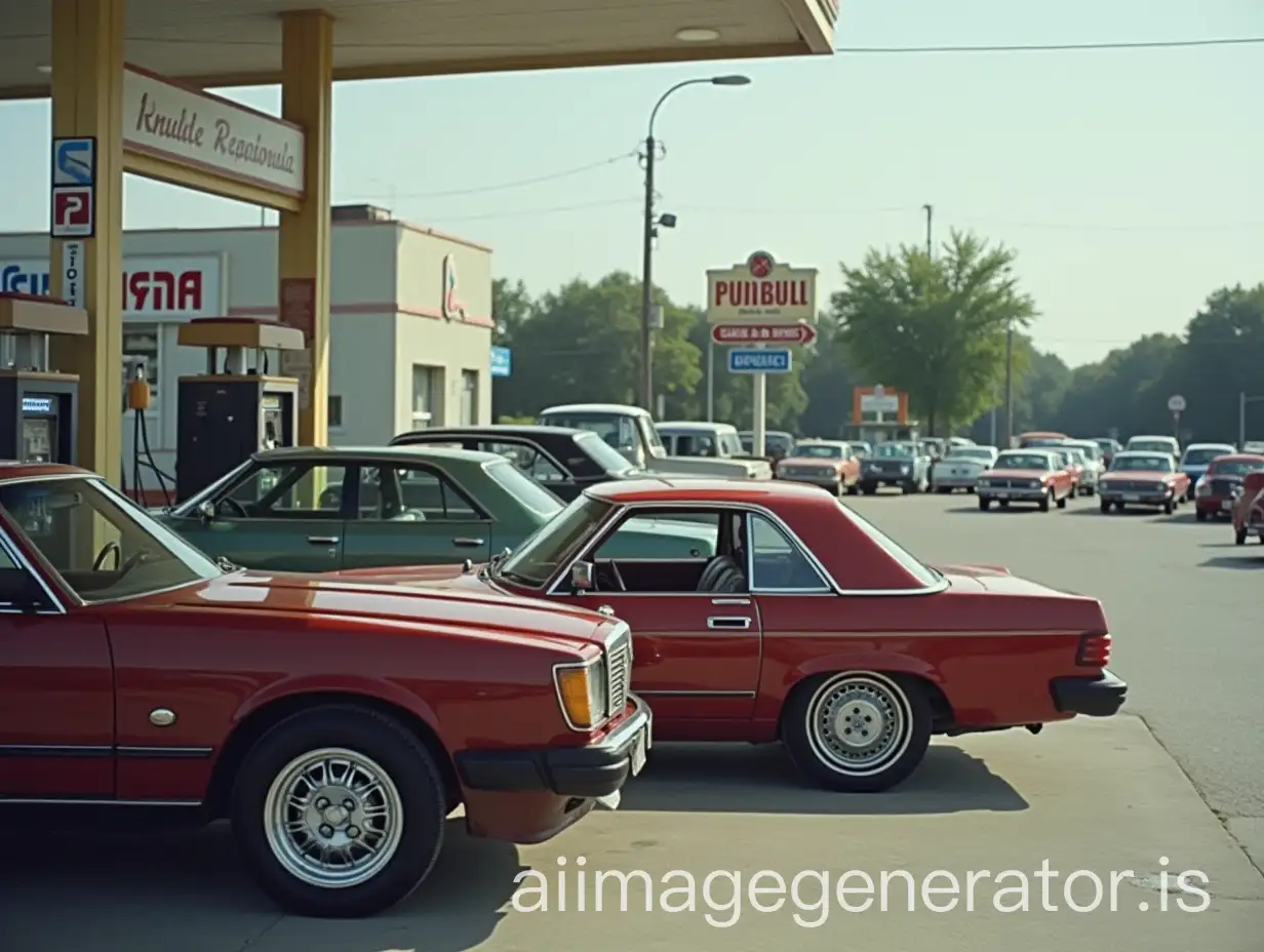 Colored photo of cars at the gas station with a fuel pump clearly visible