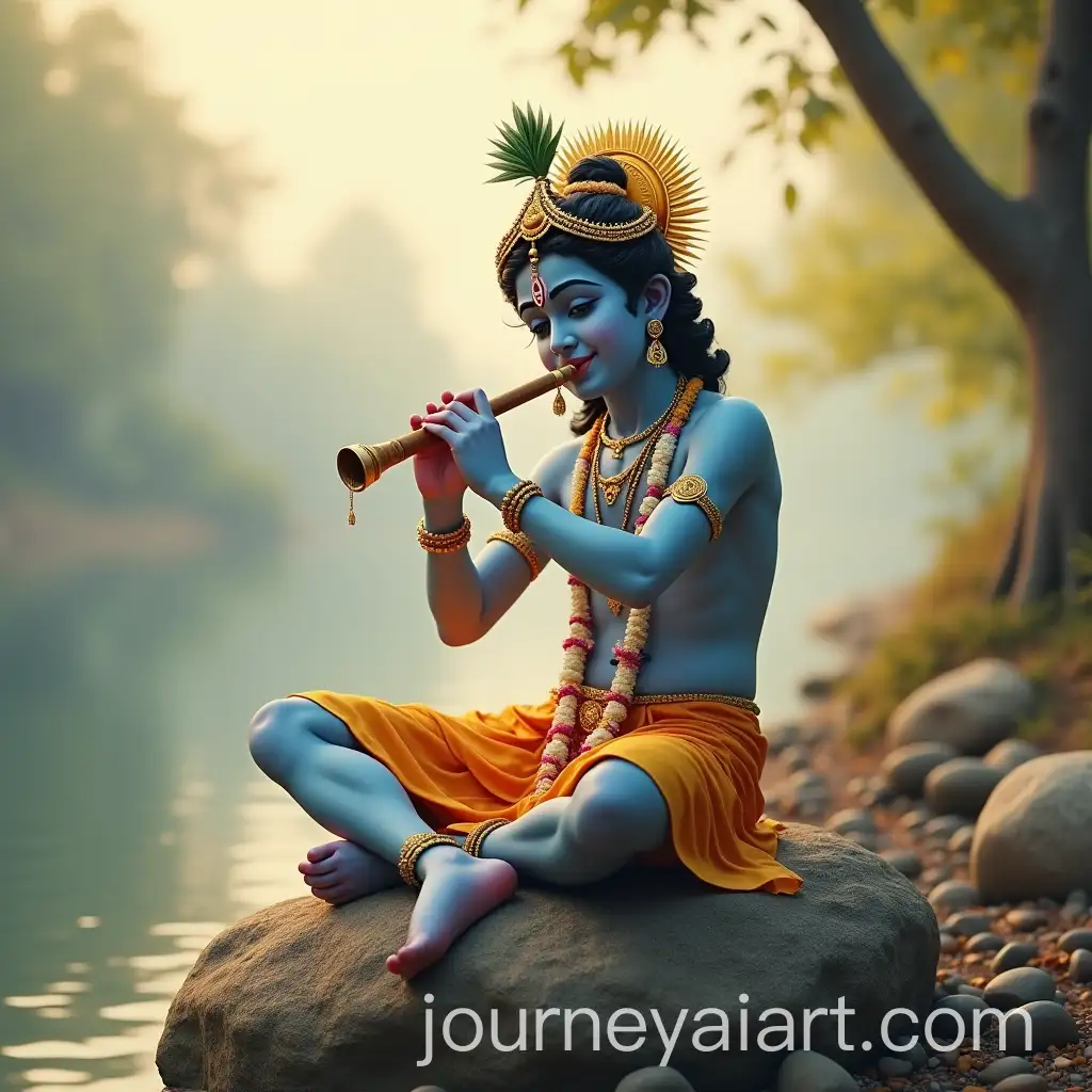 Lord-Krishna-Playing-Flute-on-a-Rock-with-Sudarshan-Chakra-in-Serene-Setting