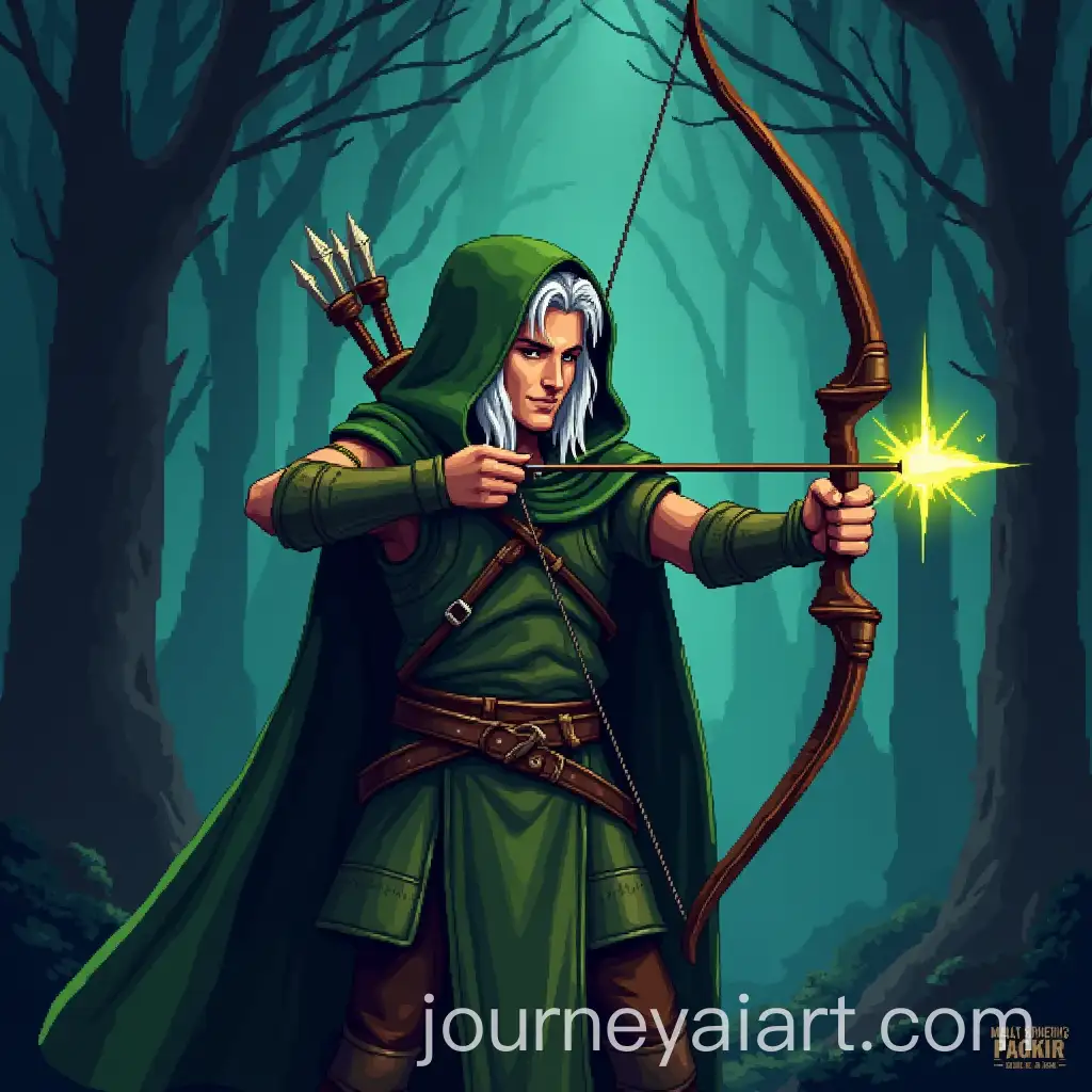 Elven-Ranger-in-8Bit-Style-with-Glowing-Bow-in-a-Dark-Forest