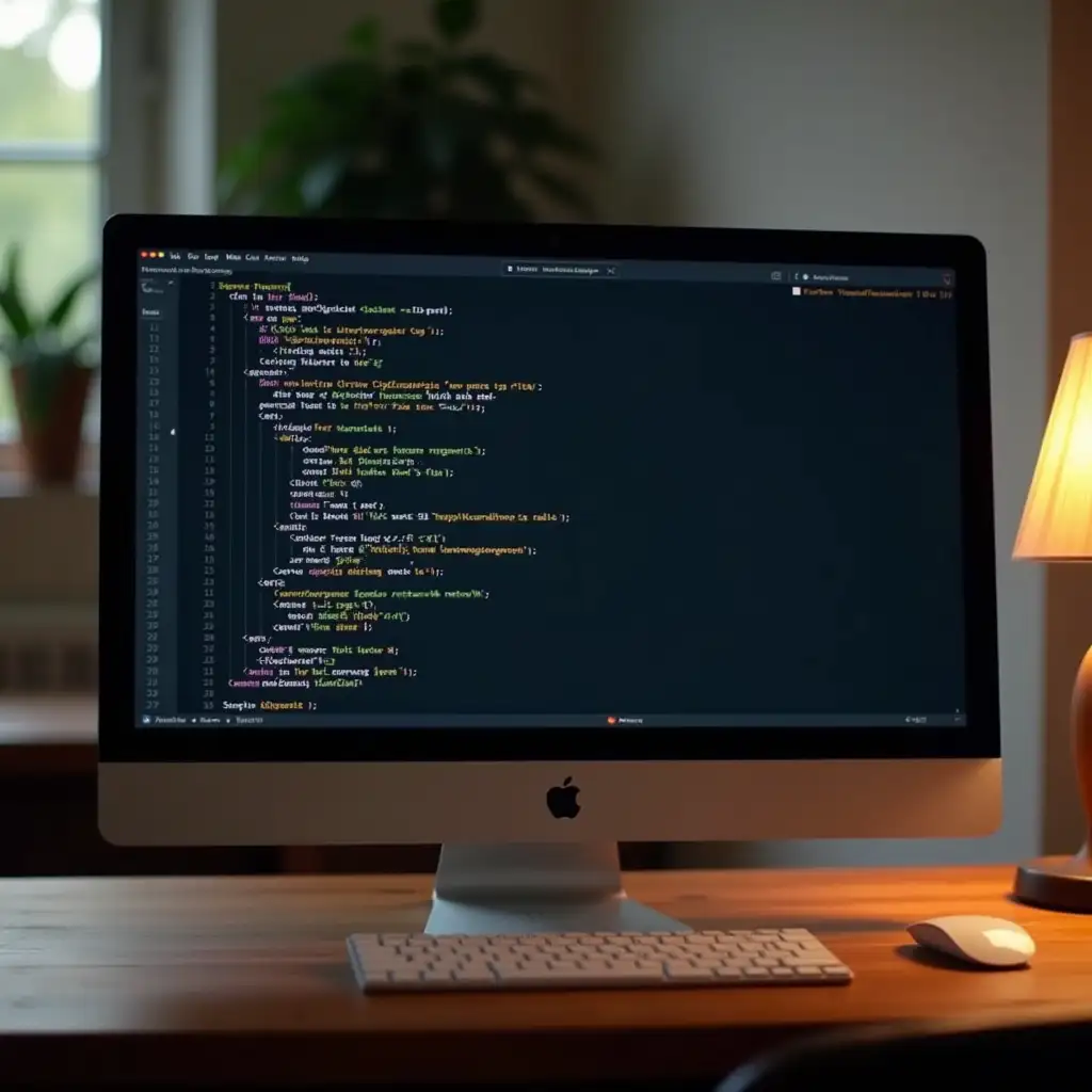 Computer screen sitting on a good wooden table with some react.js code written on it, a table lamp and a plant in the background. overall a calming picture