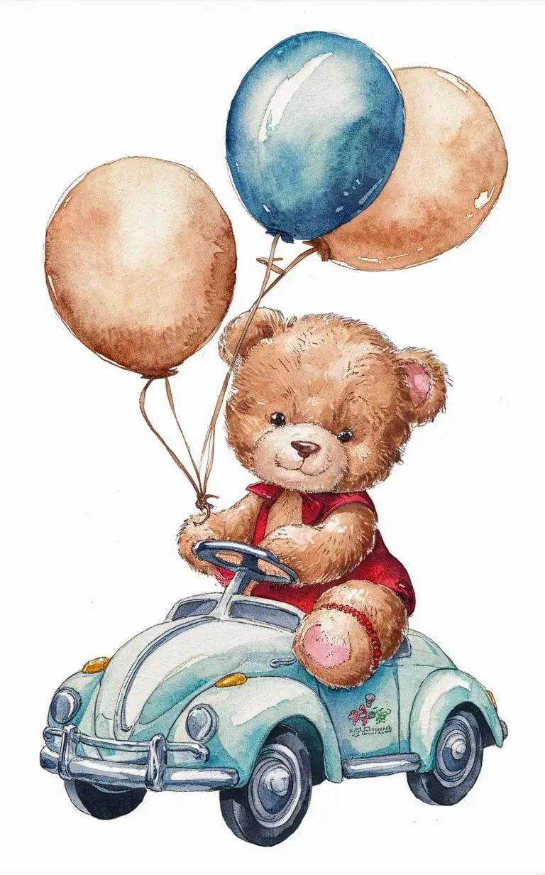 watercolor Cute teddy bear holding blue and beige balloons on a cute watercolor vintage toy car, white background