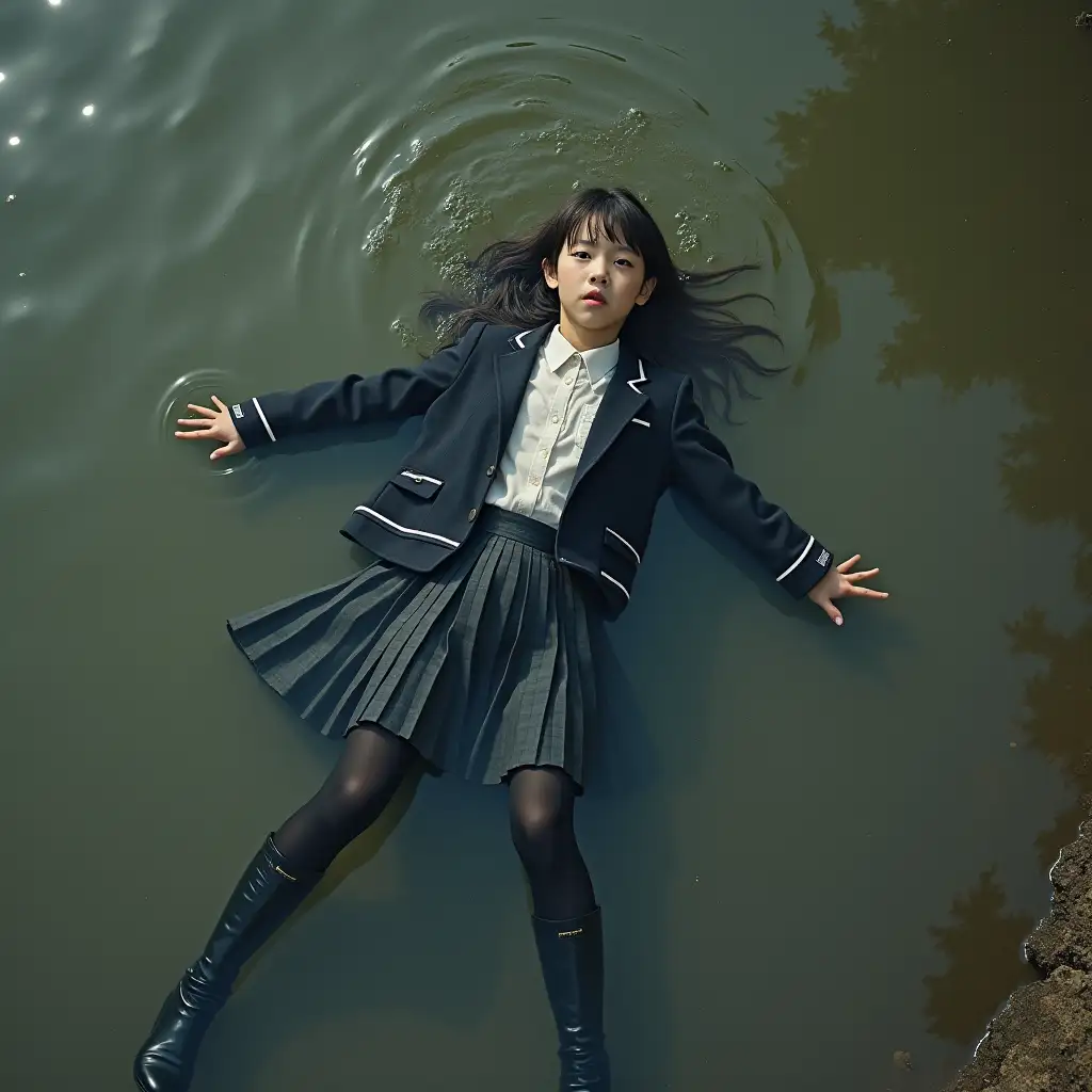 A young schoolgirl in a school uniform, in a skirt, jacket, blouse, dark tights, high-heeled shoes. She is swimming in a dirty pond, lying underwater, all her clothes are completely wet, wet clothes stick to her body, the whole body is underwater, submerged in water, under the surface of the water, below the water's edge.