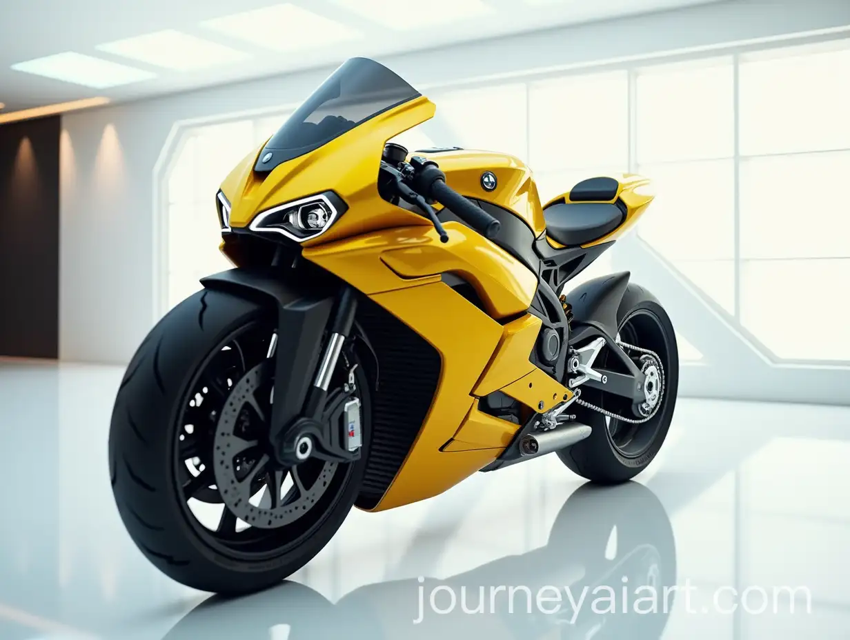 Futuristic-BMW-1000-RR-Motorcycle-in-Metallic-Yellow-Parked-in-Modern-Showroom