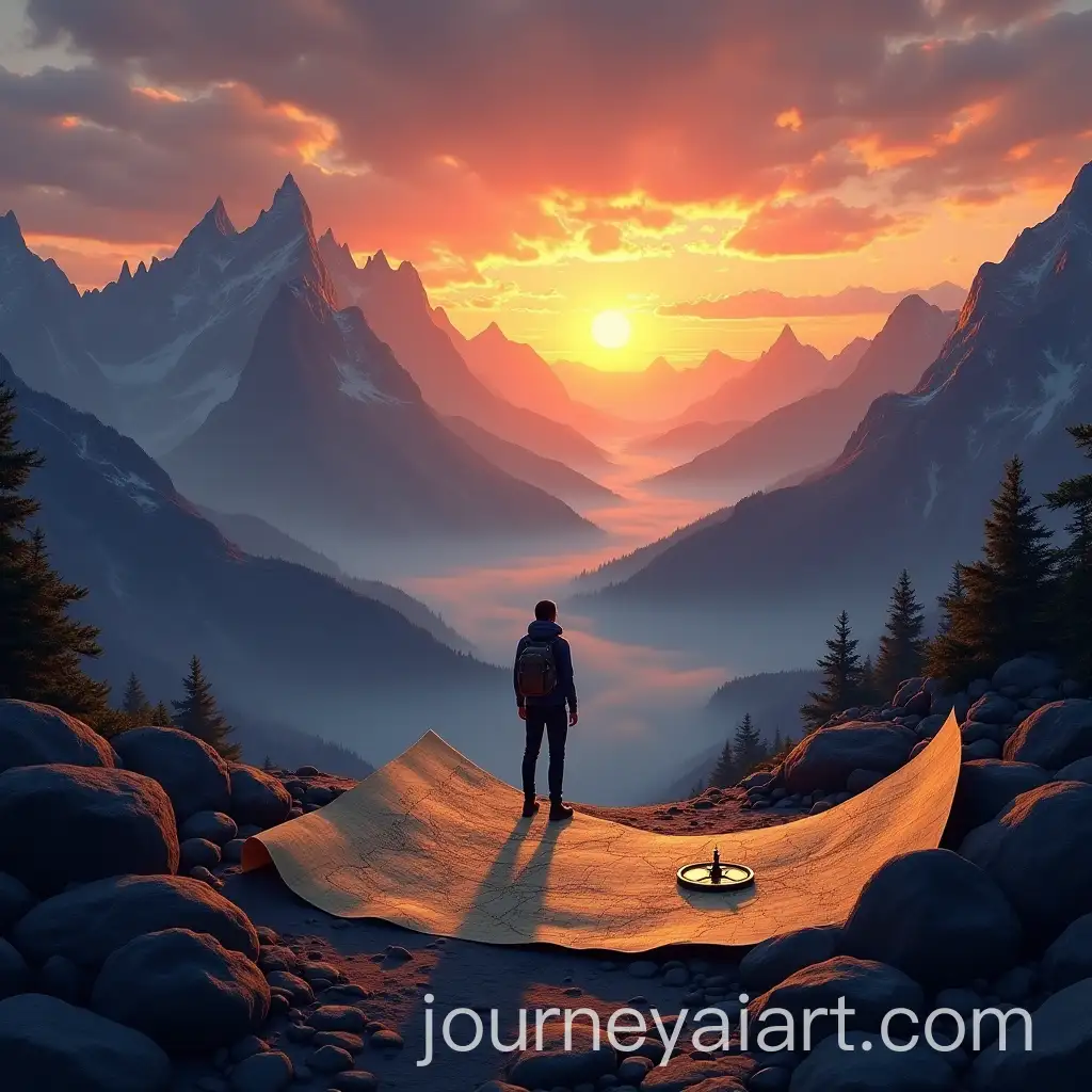 Epic-Adventure-Scene-with-Mountain-Range-Sunset-and-Lone-Explorer-Holding-Map-and-Compass