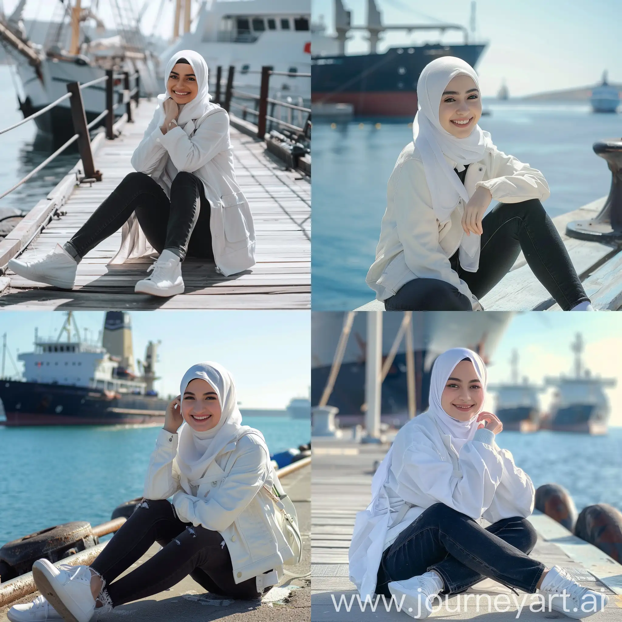 Smiling-Young-Girl-in-White-Hijab-by-the-Sea-with-Ship