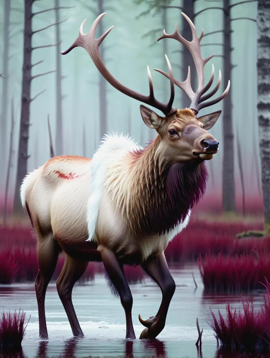 Fantasy Movie Still Majestic White Elk Strutting in Maroon Swamp