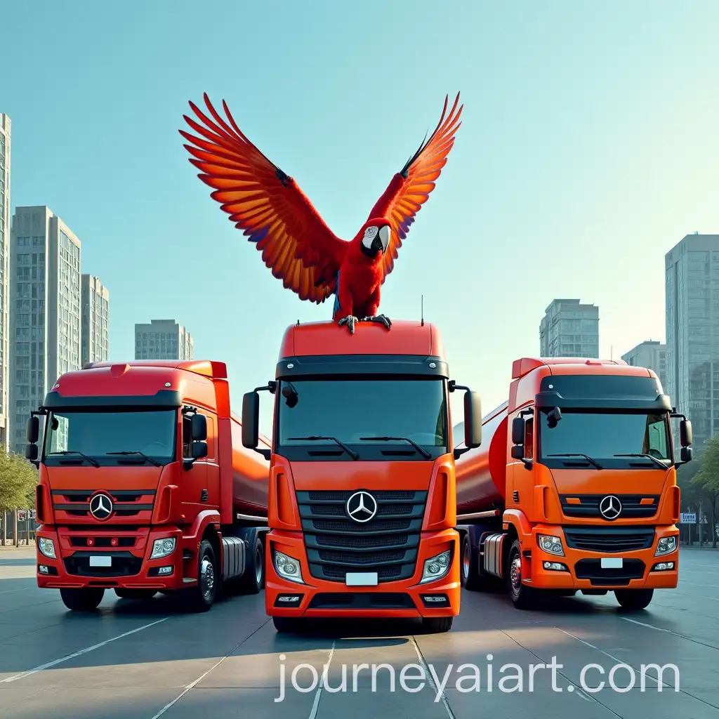 Modern-Vehicles-Parked-in-City-Square-with-Majestic-Red-Macaw