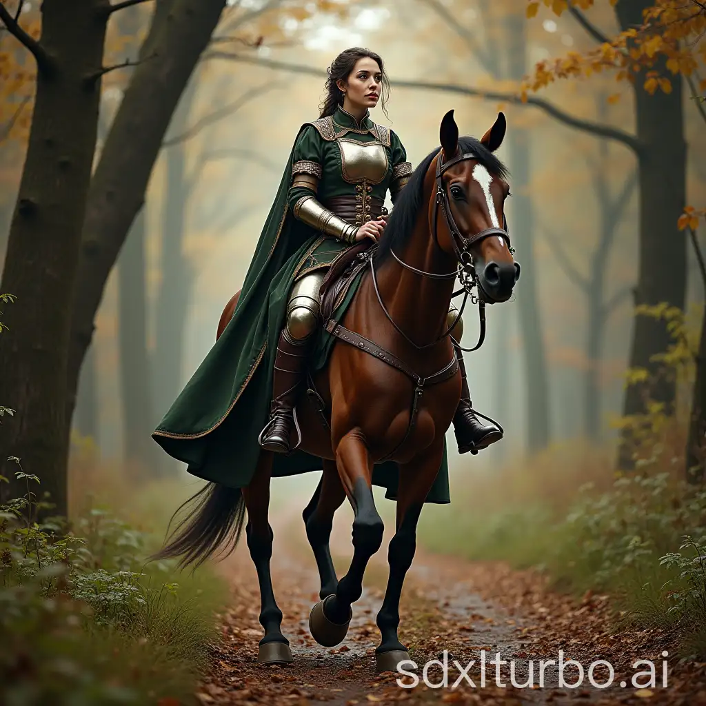 English-Civil-War-Cavalier-Woman-Riding-Horse-with-Rapier-on-Wooded-Path