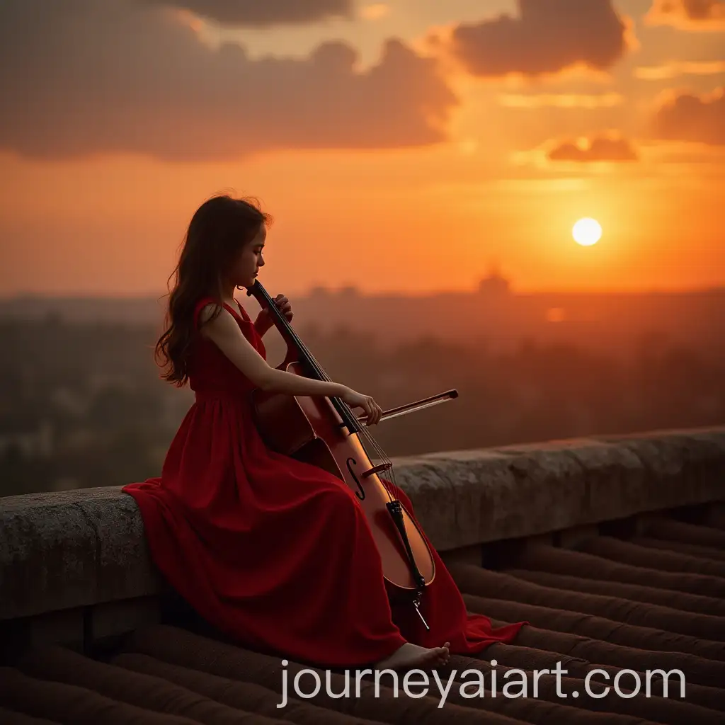 Girl-in-Red-Dress-Playing-Cello-on-Roof-at-Sunset