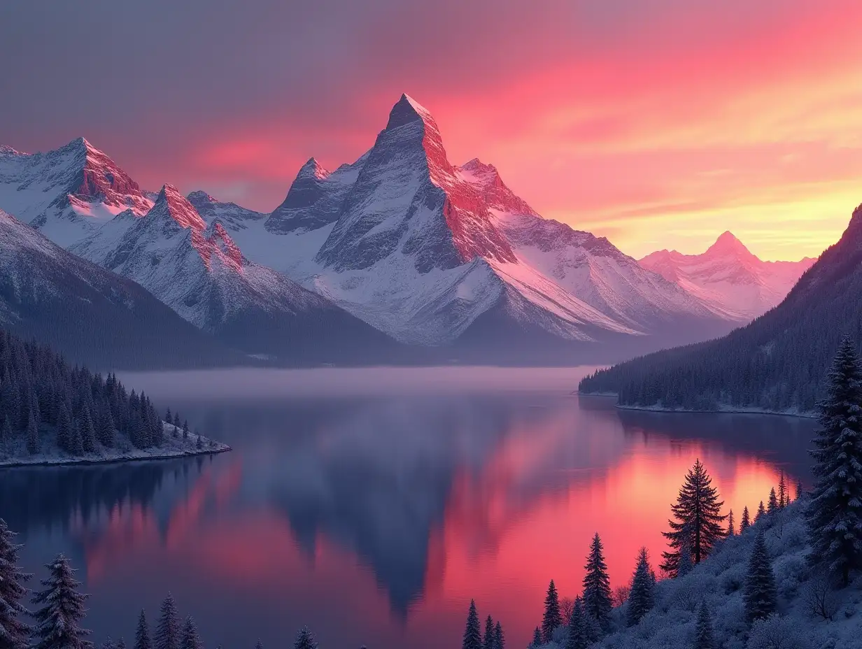 photo-realistic mountain sunset with snowy peaks and crimson reflections