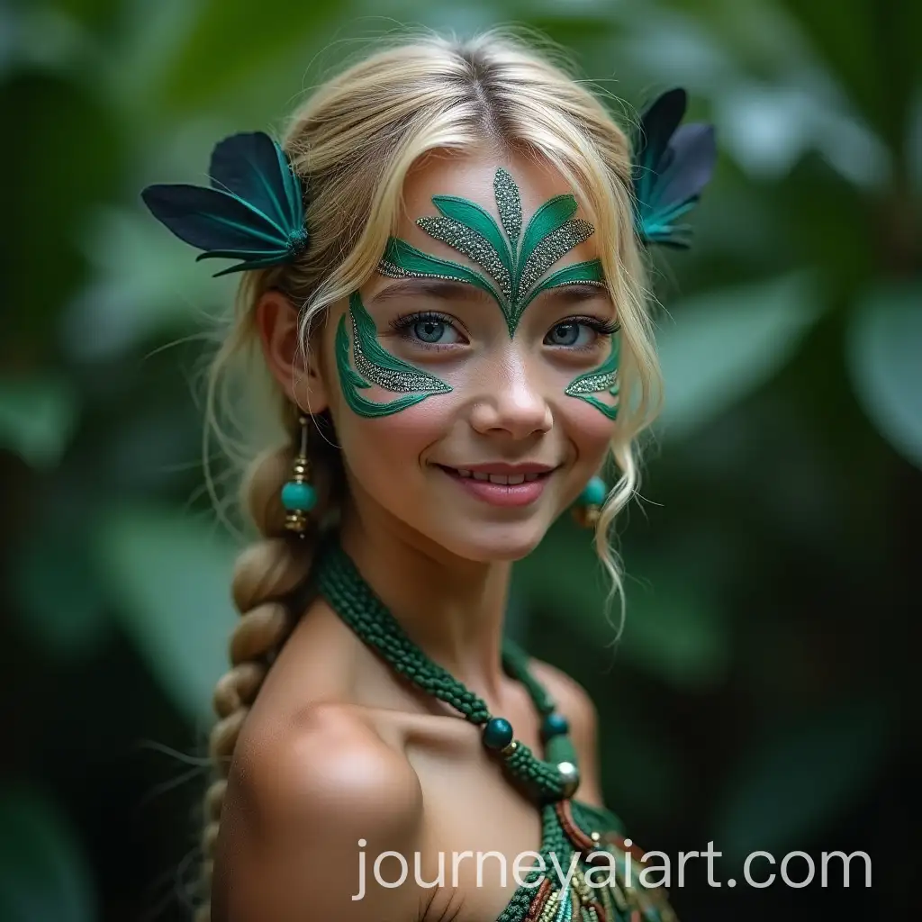 Smiling-Asian-Girl-in-Tribal-Jungle-Attire-with-Exquisite-Face-Paint