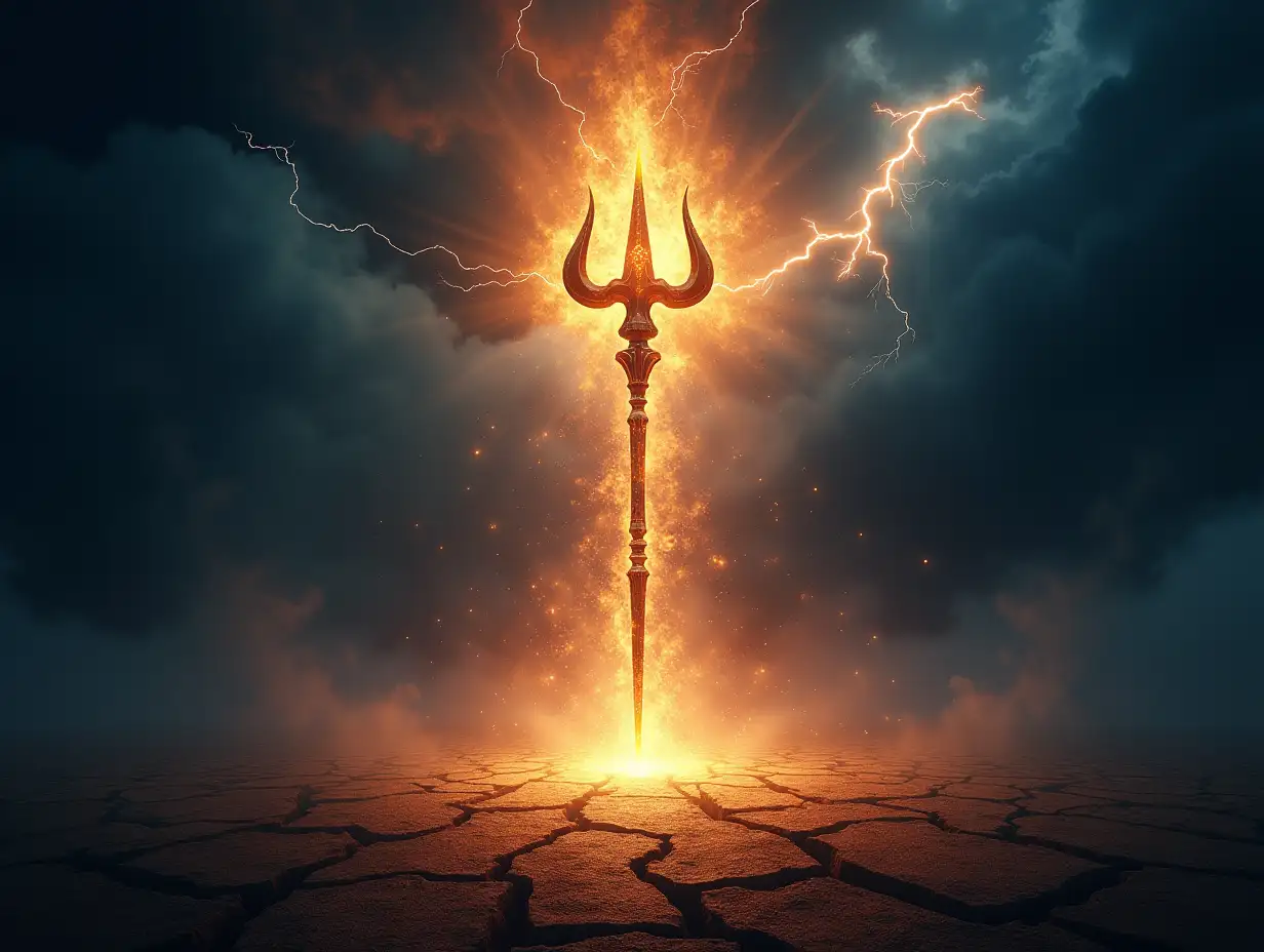 Create an image depicting a miraculous scene involving Lord Shiva’s trident, without showing Lord Shiva himself. The trident is glowing with divine energy, standing upright in the center of the scene. Around it, a powerful cosmic storm is brewing, with swirling winds and lightning crackling, as if the trident is channeling divine forces. In the sky above, mystical symbols and sacred energy are radiating from the trident, illuminating the surrounding darkness. The ground below is cracked, with ethereal light flowing from the trident, causing the earth to glow in reverence and awe. The atmosphere is charged with spiritual power, creating a sense of awe and wonder.