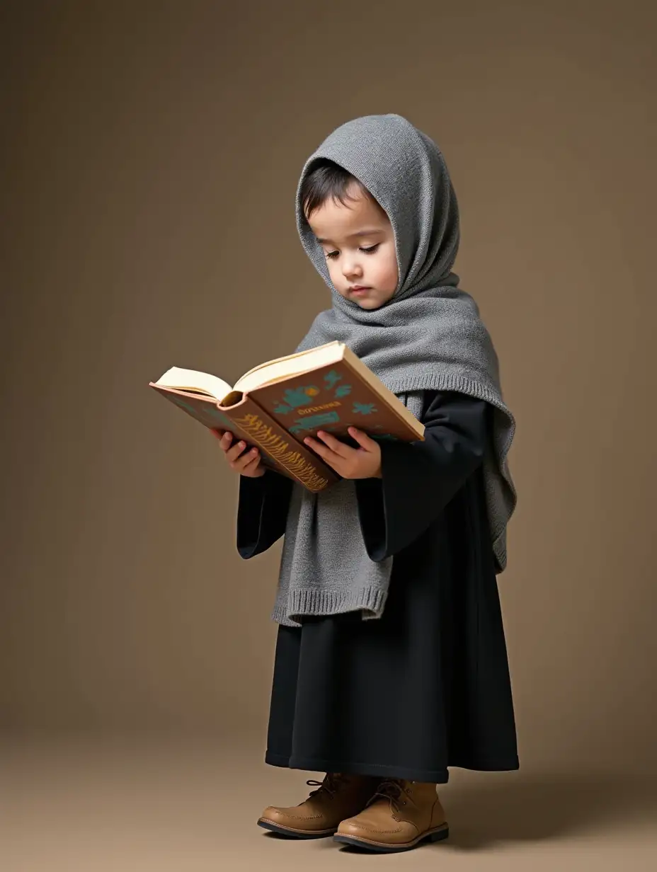 a small child wearing a jilbab age 4 years old reading a book while standing