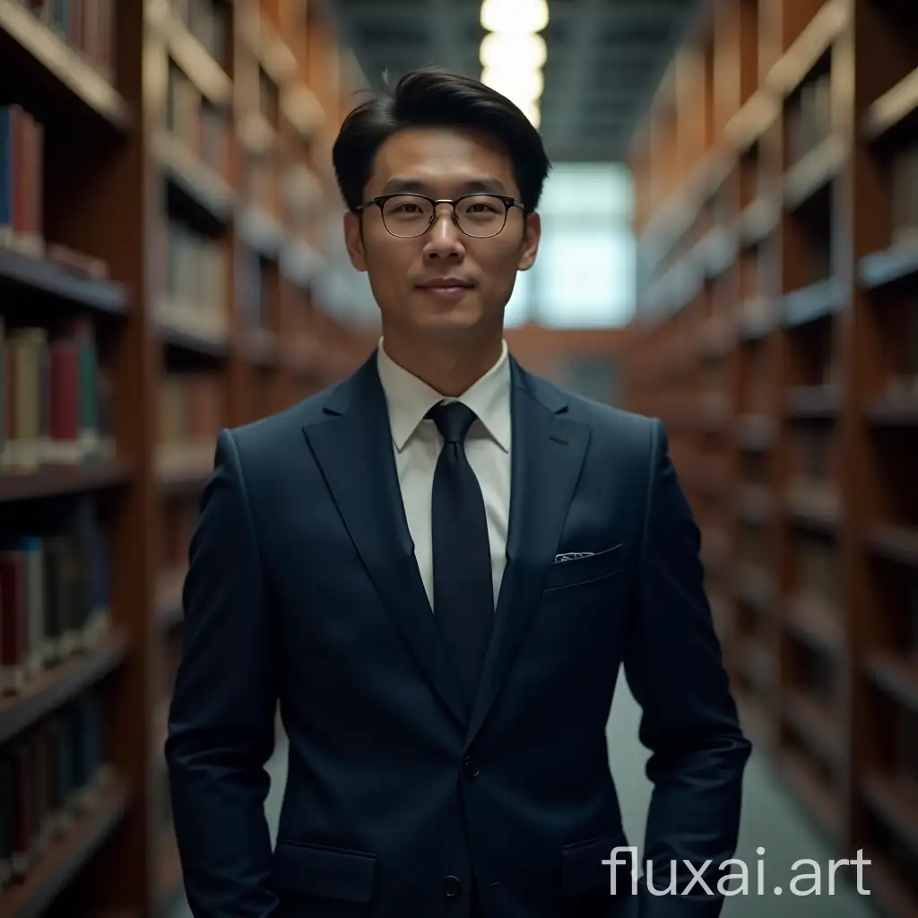 Chinese young man, 35 years old, teacher, wearing dark blue luxury suit, inside university library, cgi, vfx, soft light, bright, ultra realistic, atmospheric, very detailed, imax, movie lens, cinematic, photoshoot, shot on 25mm lens, depth of field, tilt blur, shutter speed 1/1000, f/22, white balance, 32k, super-resolution, pro photo rbg