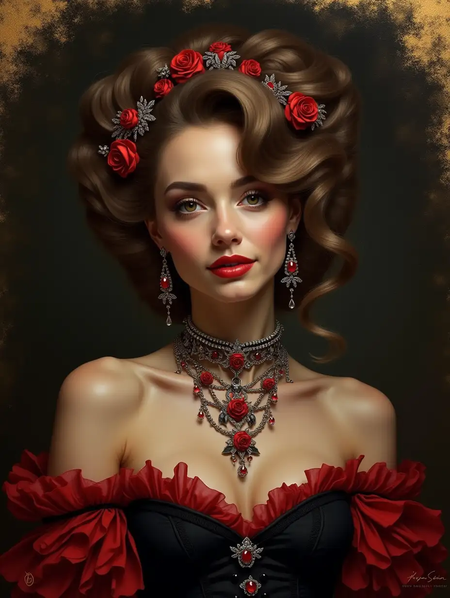 Freya Stein, extraordinarily luxurious jewelry adorns a woman's hair and decollete, her thick, shiny hair is gathered in a feminine elegant hairstyle with slightly curling curls, a black Gothic suede corset trimmed with voluminous red roses, expressive eyes and a slight smile, oil painting, a dark background with wide brush strokes with a golden dusting of pattali.