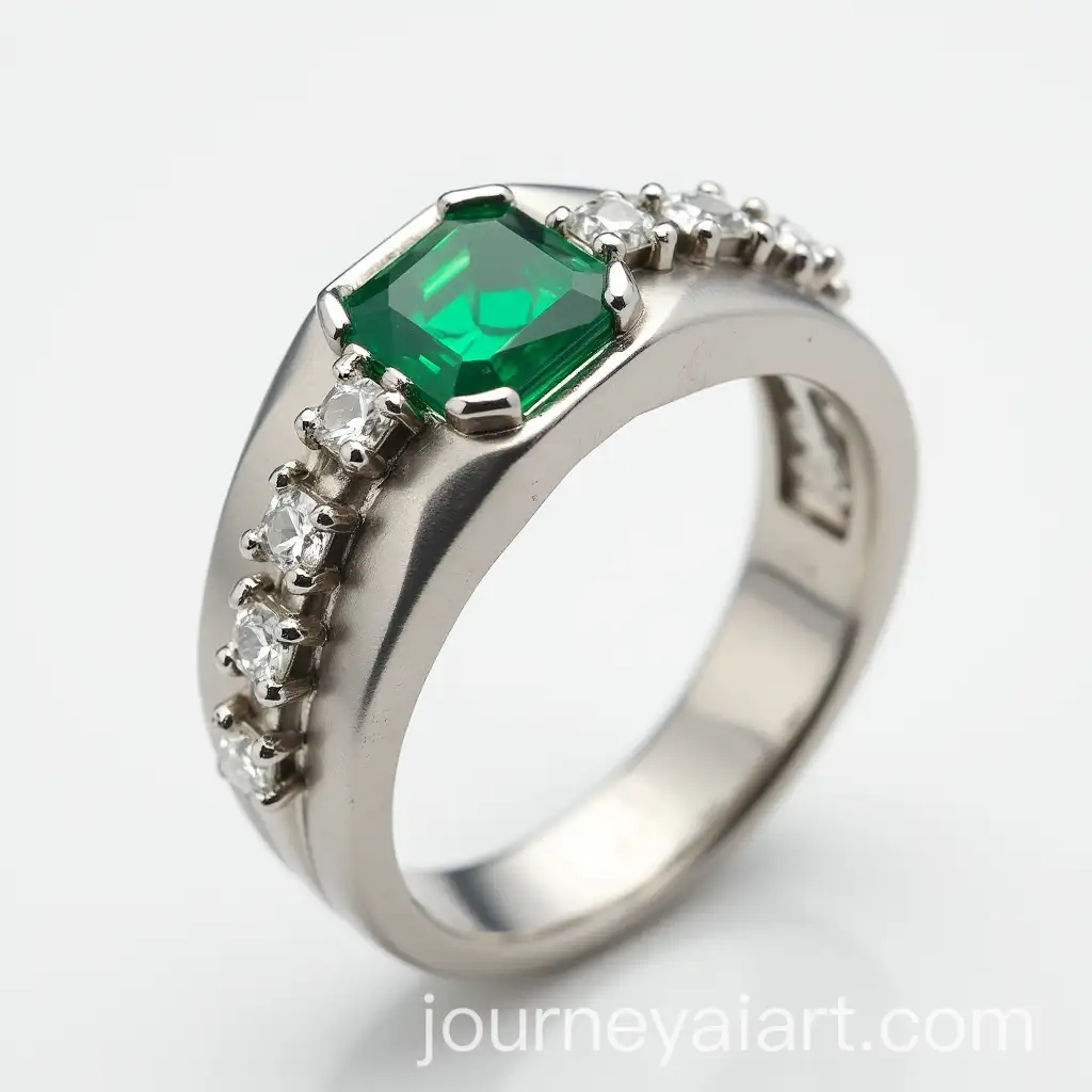Satin-Faceted-Palladium-Band-Ring-with-Pyramid-Diamonds-and-Octagon-Emerald
