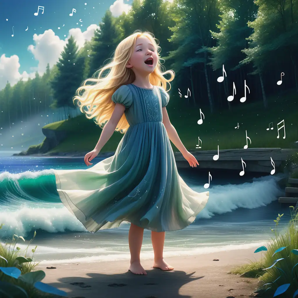 A little fair-haired girl standing on the blue seashore. She has flowing blonde hair and is wearing a simple yet charming dress that complements her natural beauty. The girl is singing a song, and a visible stream of musical notes flows gracefully from her mouth, swirling through the air. Behind her, depict a lush, green magical forest and small village.