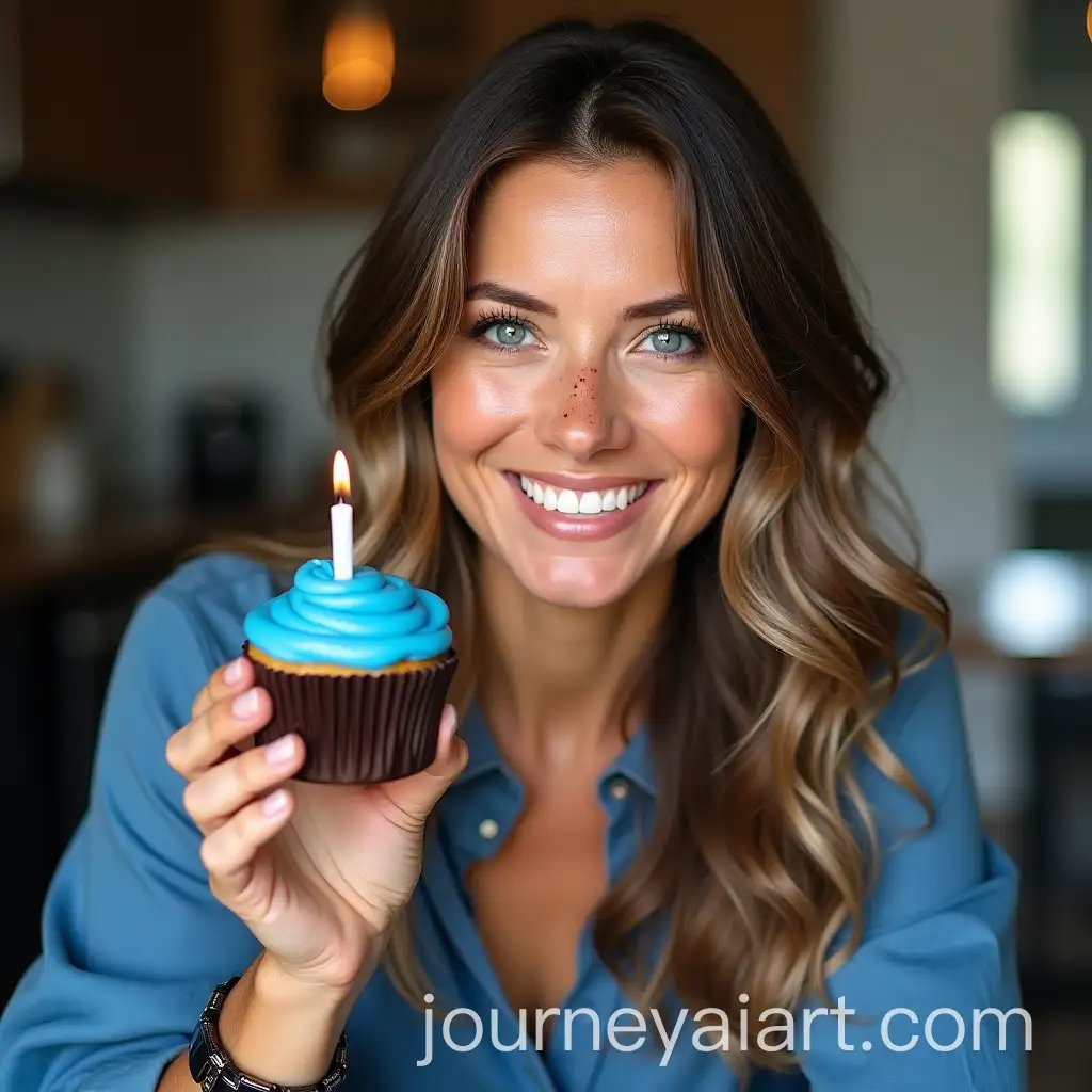 Smiling-American-Woman-Holding-Cupcake-with-Blue-Frosting-and-Candle