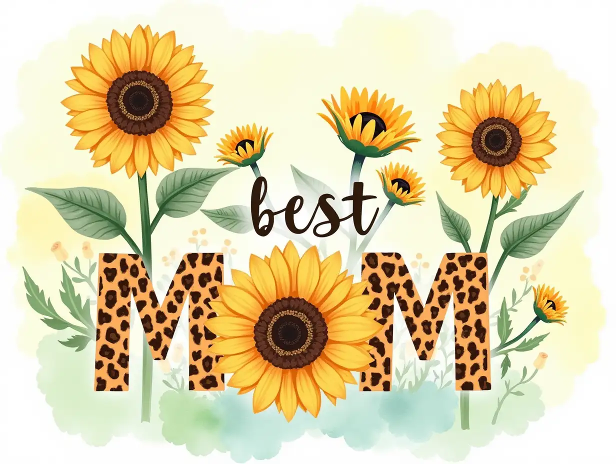 Watercolor art, vintage, vector, seamless. Sunflower bouquet showcasing vibrant, richly textured sunflowers, with a mix of large and smaller blooms. The background features a soft, watercolor blend of pastel blues and greens, creating a serene and uplifting atmosphere. In the foreground, the words 'best MOM' are artistically integrated, with playful typography that includes leopard print patterns on the letters, adding a modern twist. The sunflowers display warm yellows and browns, with detailed black centers, highlighting their natural beauty. The overall aesthetic is a harmonious fusion of botanical illustration and modern graphic design, characterized by a whimsical yet polished look.