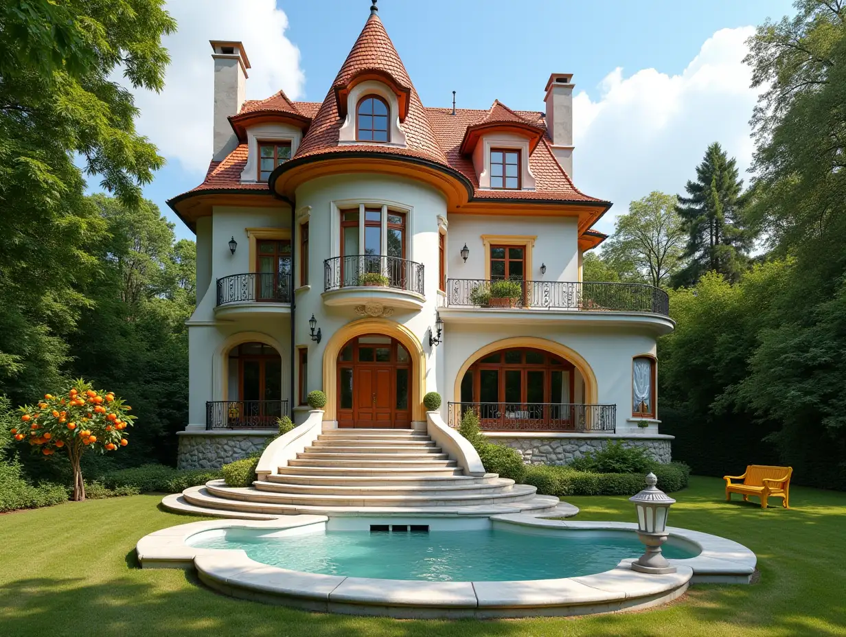 Crooked House, garden  Bepflanzung-Sauber, with Porcelain Stuck, large windows with glass to, curved, smooth window shapes, winding grand entrance staircase of marble, complex pointed roof with pond, lanterns, gold bench, orange tree 4K resolution colorful superwide-angle shots