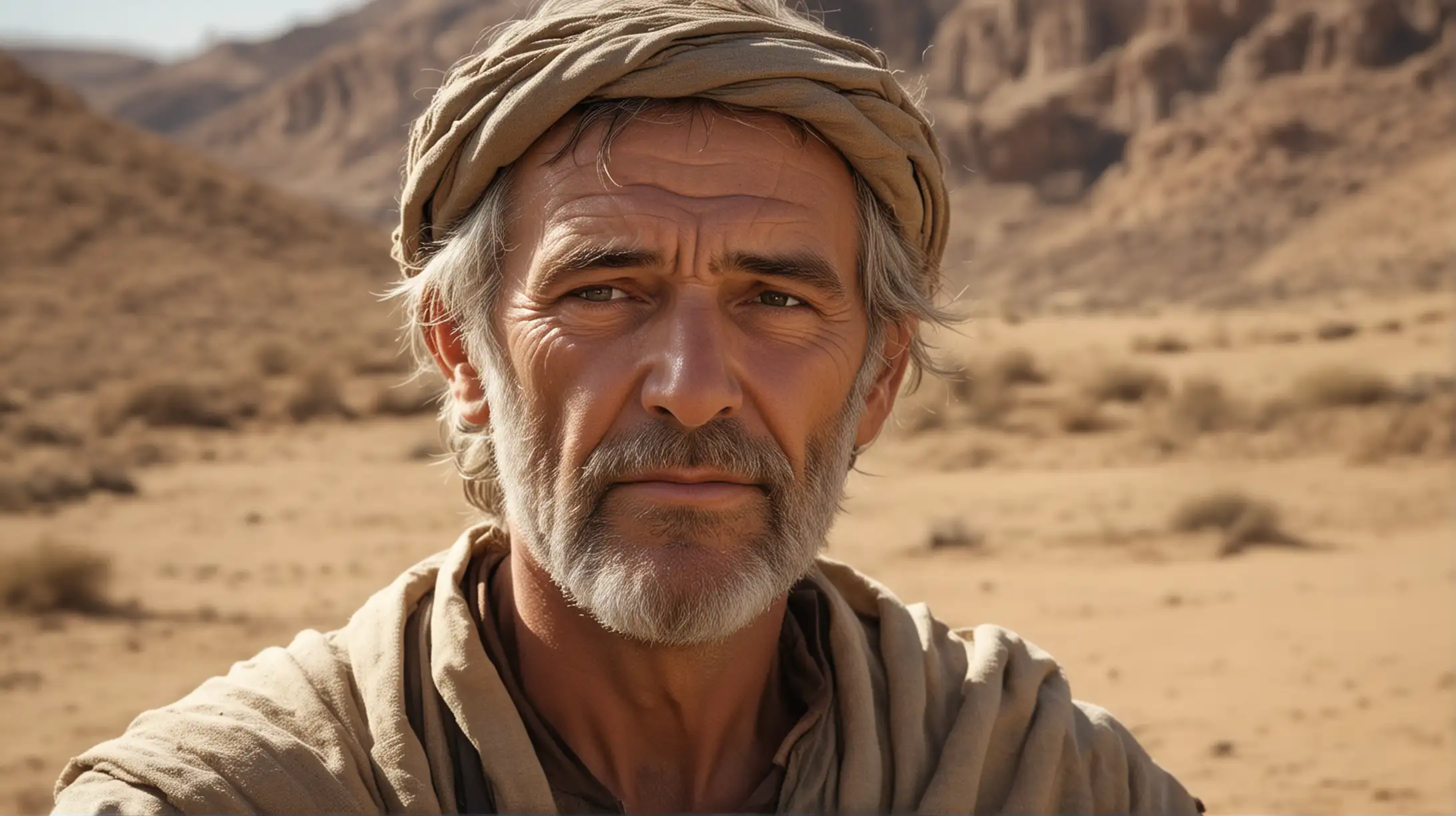 MiddleAged Biblical Figure Job in Desert Countryside Setting