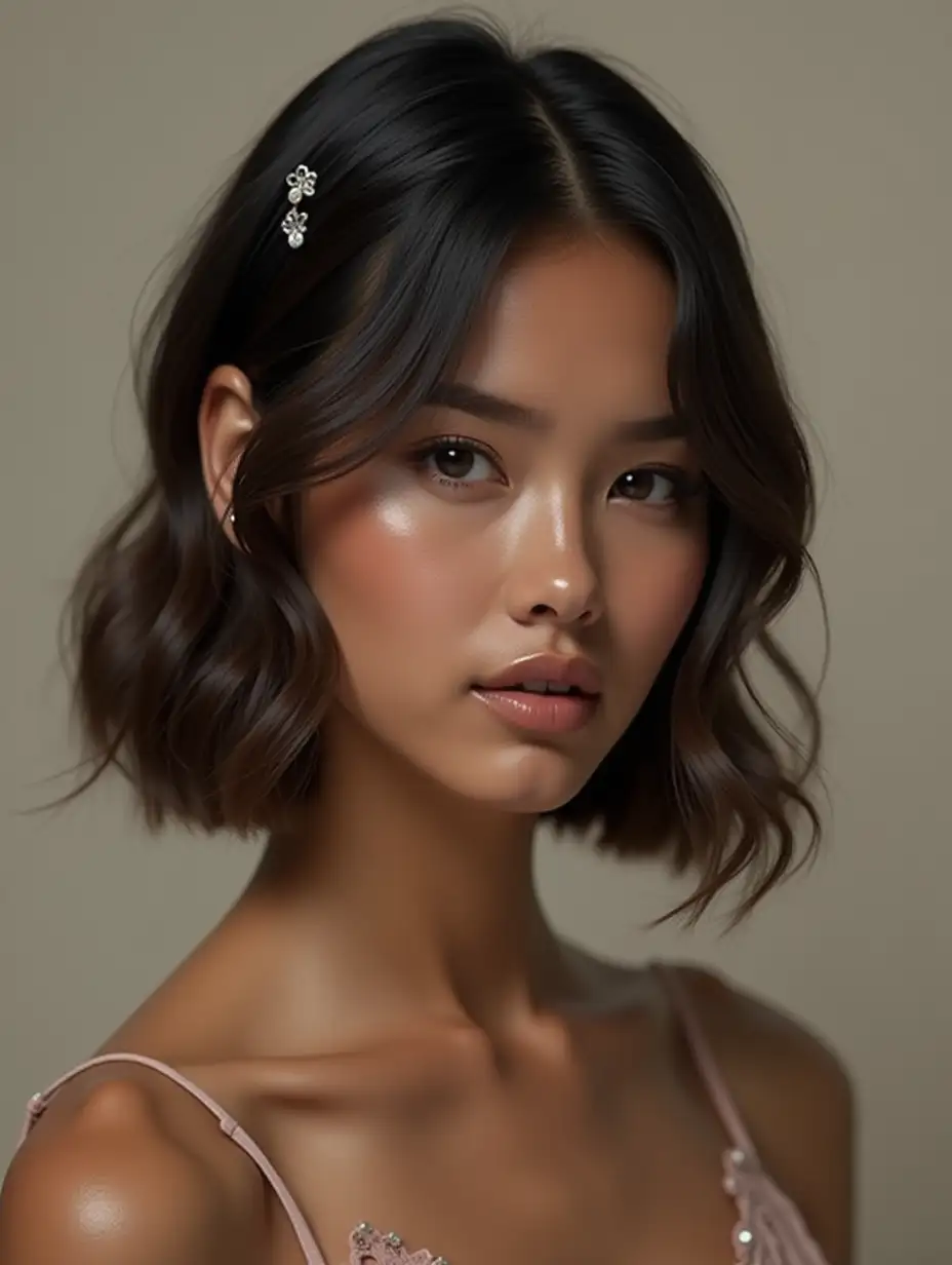 A realistic photo of a model with a black hairpin. Studio light and maximum quality, less light, more naturalness and realism. Emphasize the frame on the hairpin in the hair so that it is visible.