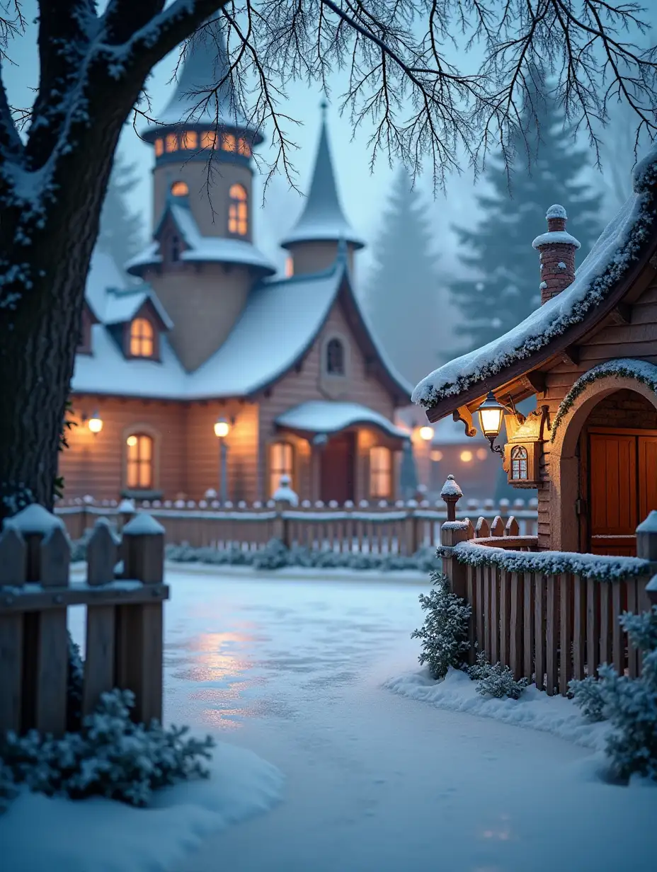 Ice rink with a tree in a fairy tale village, surrounded by a decorated fence with an entrance in the foreground, the background is blurred