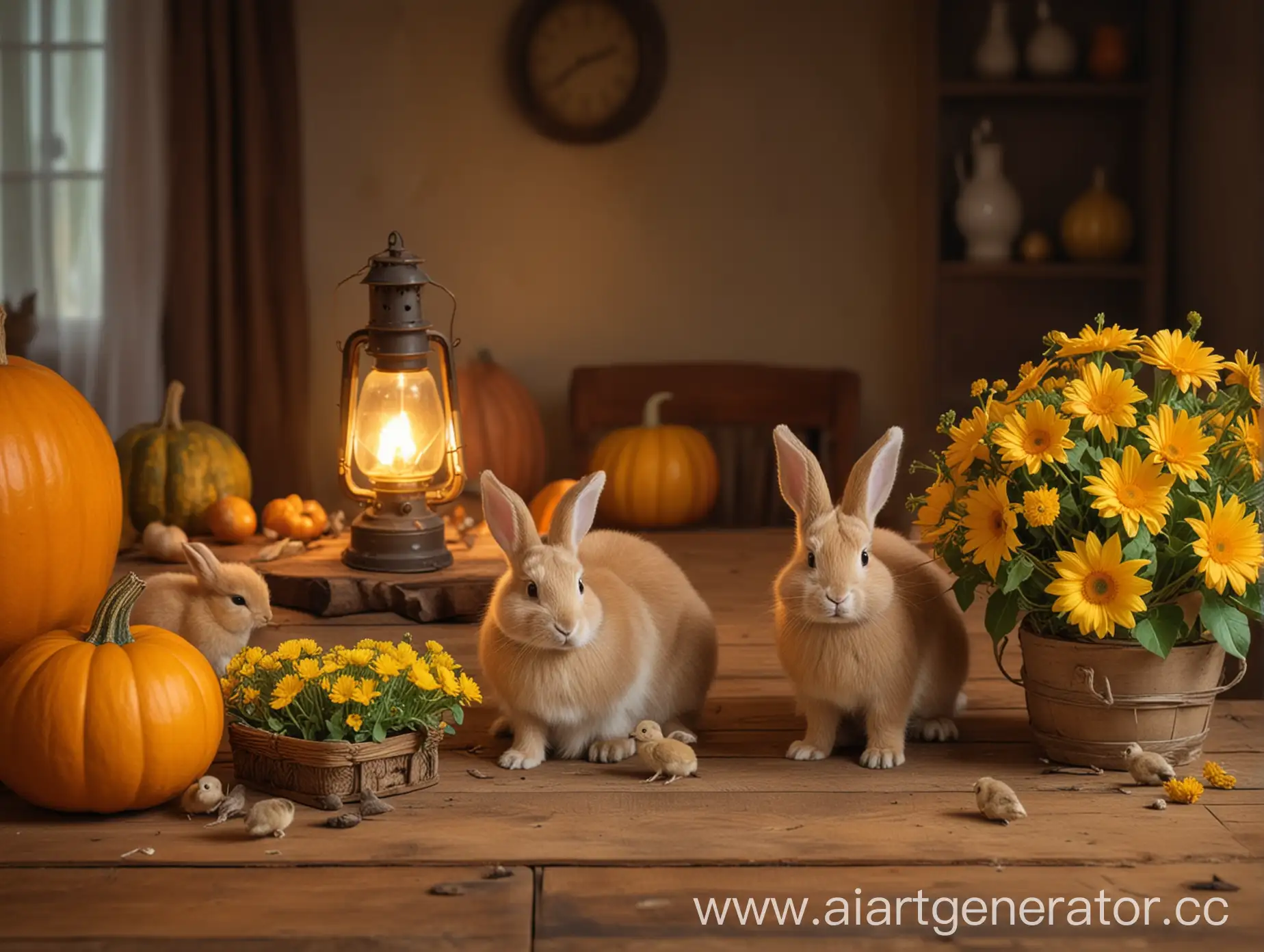 Boy-Sitting-at-Wooden-Table-with-Pumpkin-Flowers-Rabbits-and-Chicks