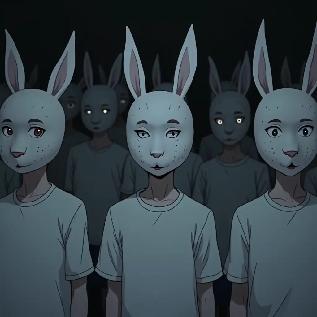 There is a crowd of boys in white t-shirts. They are wearing masks of rabbits on their faces. The whole picture is dark and creepy. Anime style.