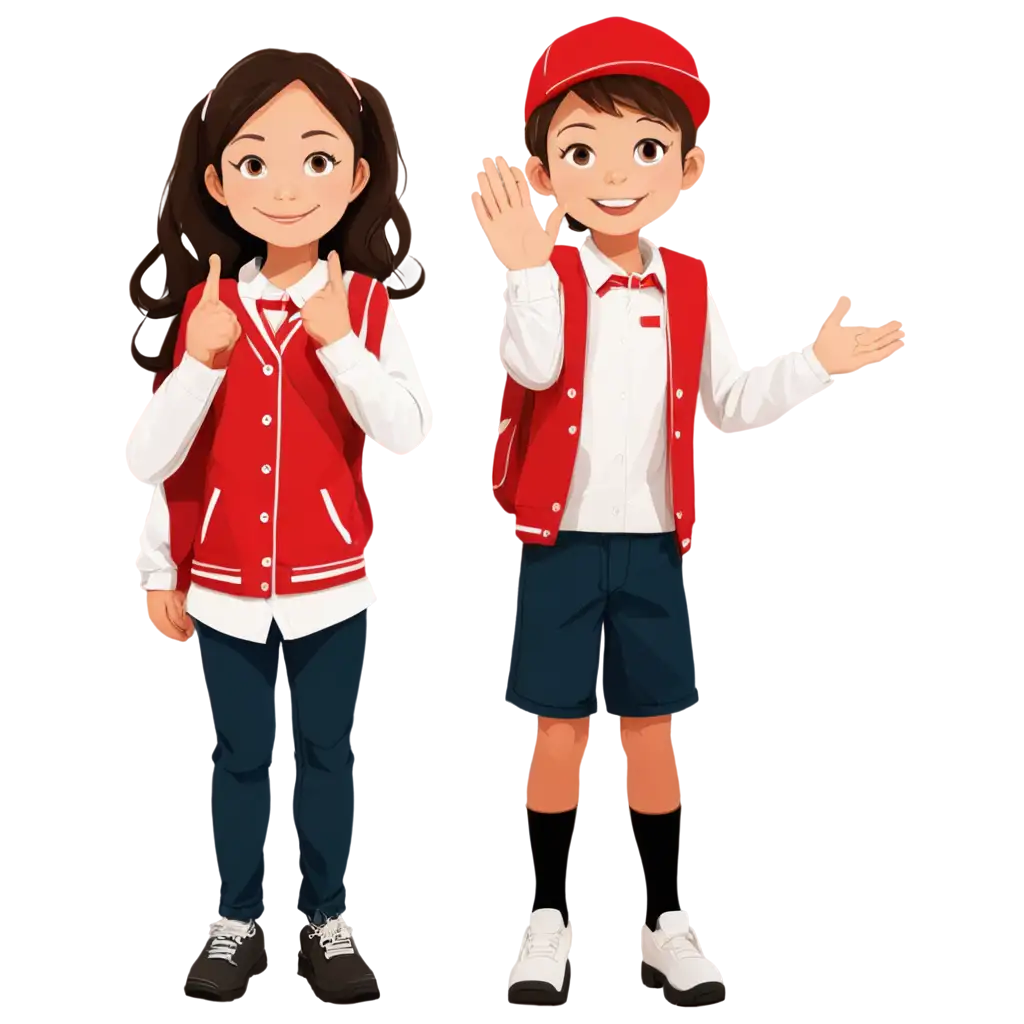 Elementary-School-Student-Waving-in-Red-and-White-Uniform-PNG-Image-for-Clear-and-Versatile-Use