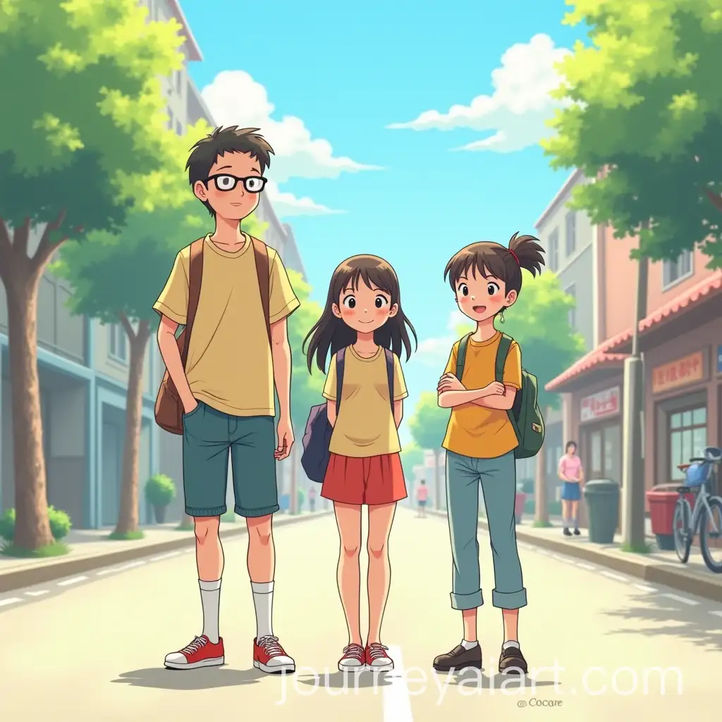 Three-Young-Friends-Posing-on-a-Sunny-Bustling-Street-in-Studio-Ghibli-Style