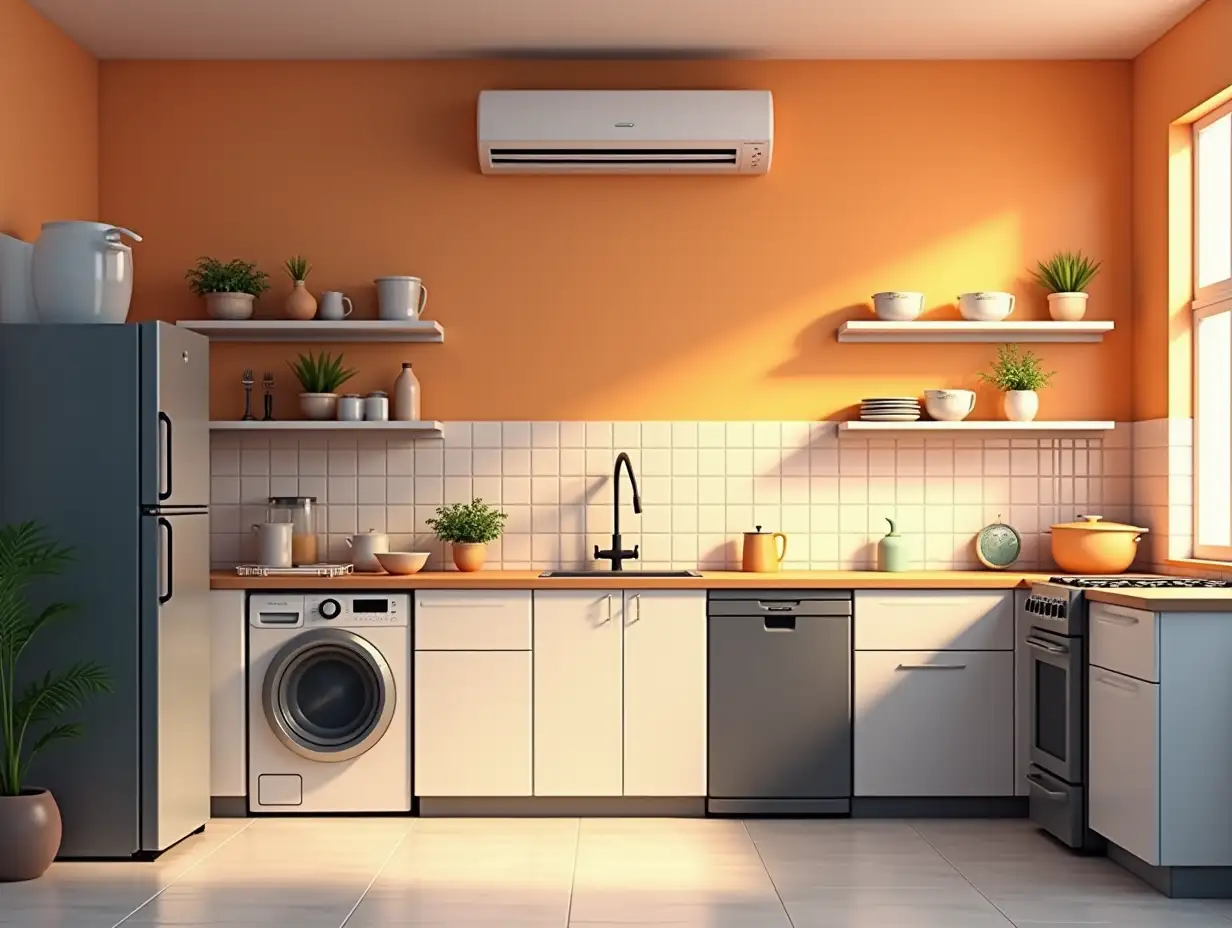 Create a realistic image of a modern kitchen with clean and organized background. There are closed shelves on the walls, and tiles at the back. Household appliances are lined up on the kitchen, including: refrigerator, washing machine, dishwasher, dryer, oven, stove. The air conditioner is located on the ceiling. The style is minimalistic, bright, with warm lighting. Using black, orange and white colors.