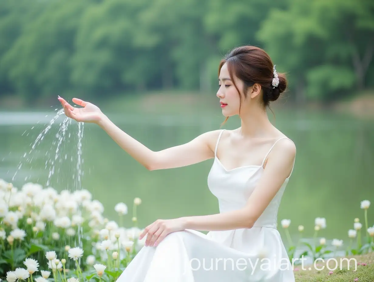 Kpop-Female-Idol-in-White-Silk-Dress-with-Water-Flowing-in-Flower-Field-Near-Pond