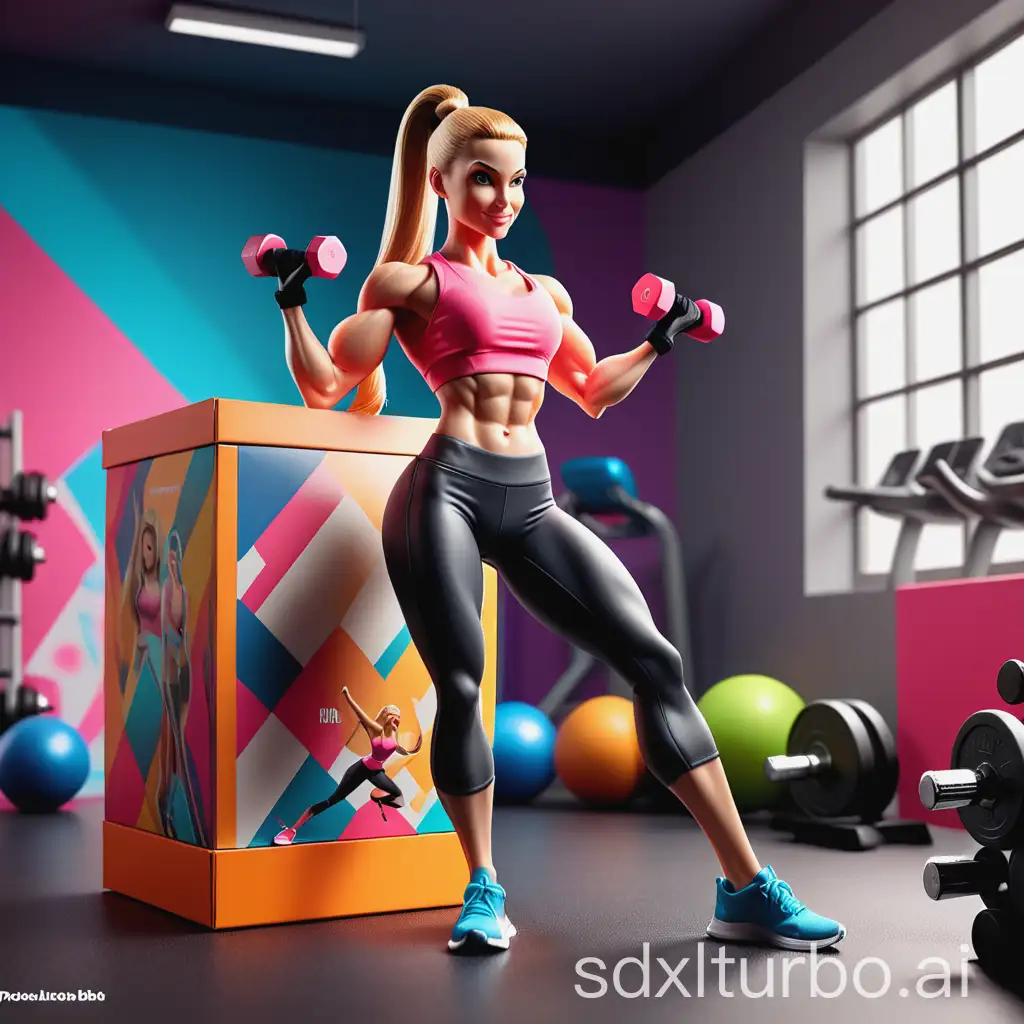 A female action figure named Angelina Sviridova inside a stylized toy box. She is a confident, athletic fitness trainer with blonde hair (ponytail or bun), wearing a bright sports top, leggings, gloves, and sneakers. She's holding dumbbells or a skipping rope in an active, strong pose. The toy box background is a modern gym interior or abstract colorful fitness design. At the top of the box, in a bold sporty font, it says: 'Angelina Sviridova — your fitness trainer'. At the bottom, in motivational style: 'The dream body begins with the first step!' Highly detailed, realistic 3D action figure packaging style, studio lighting. Photostyle of toy