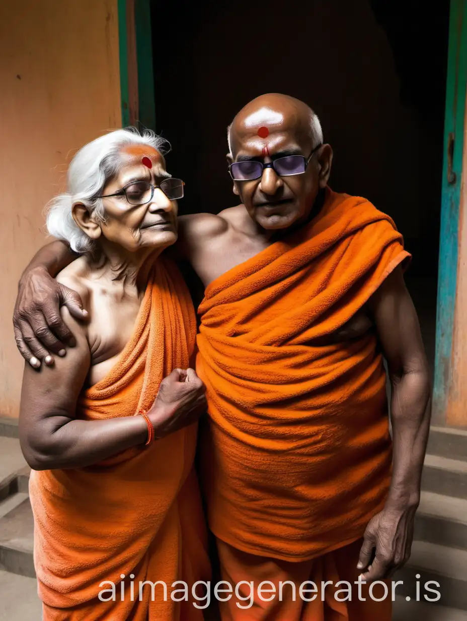 Senior-Indian-Hindu-Woman-Monk-Embracing-Young-Bodybuilder-in-Ashram-Courtyard