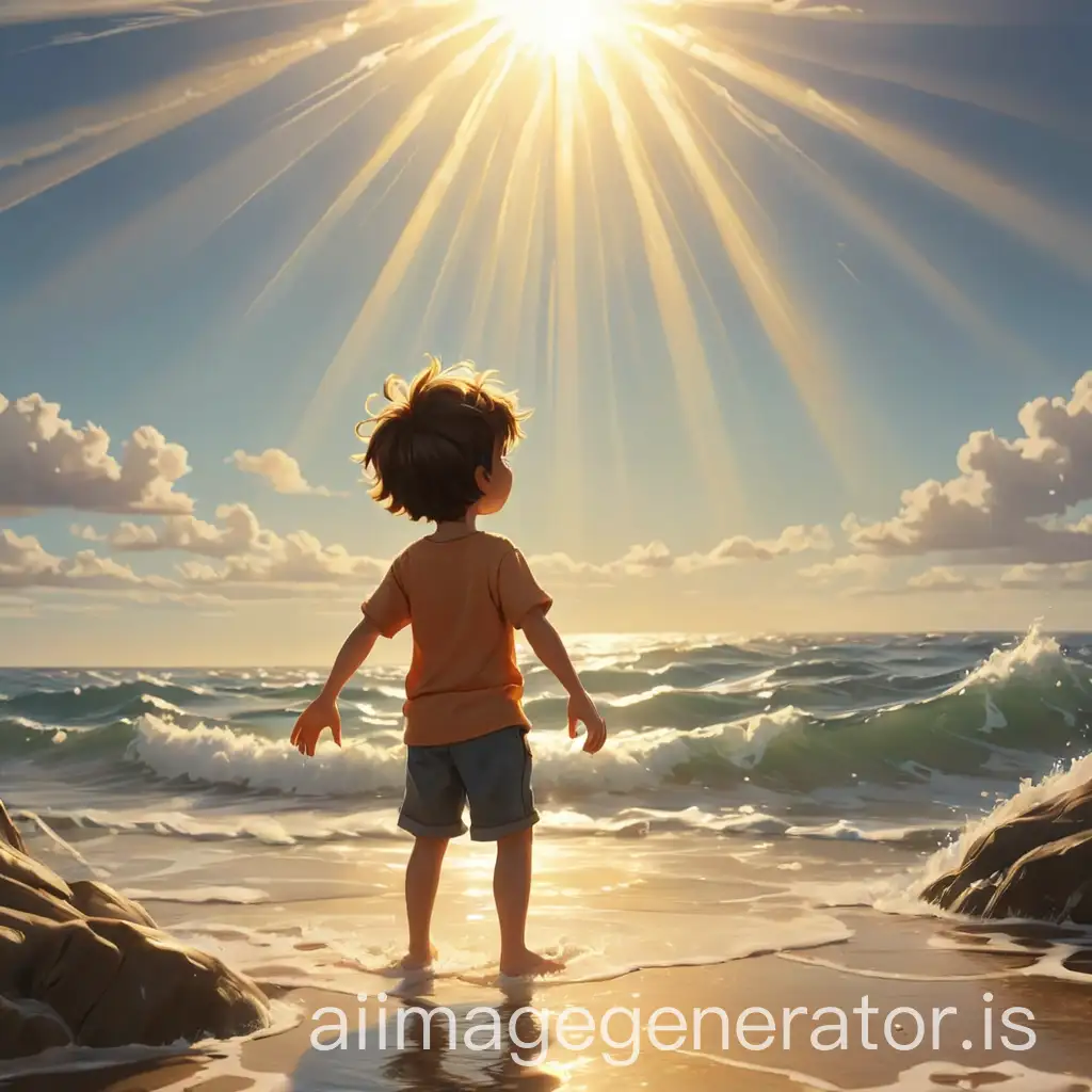 a cartoon scene of sun rays on the ocean and a child playing