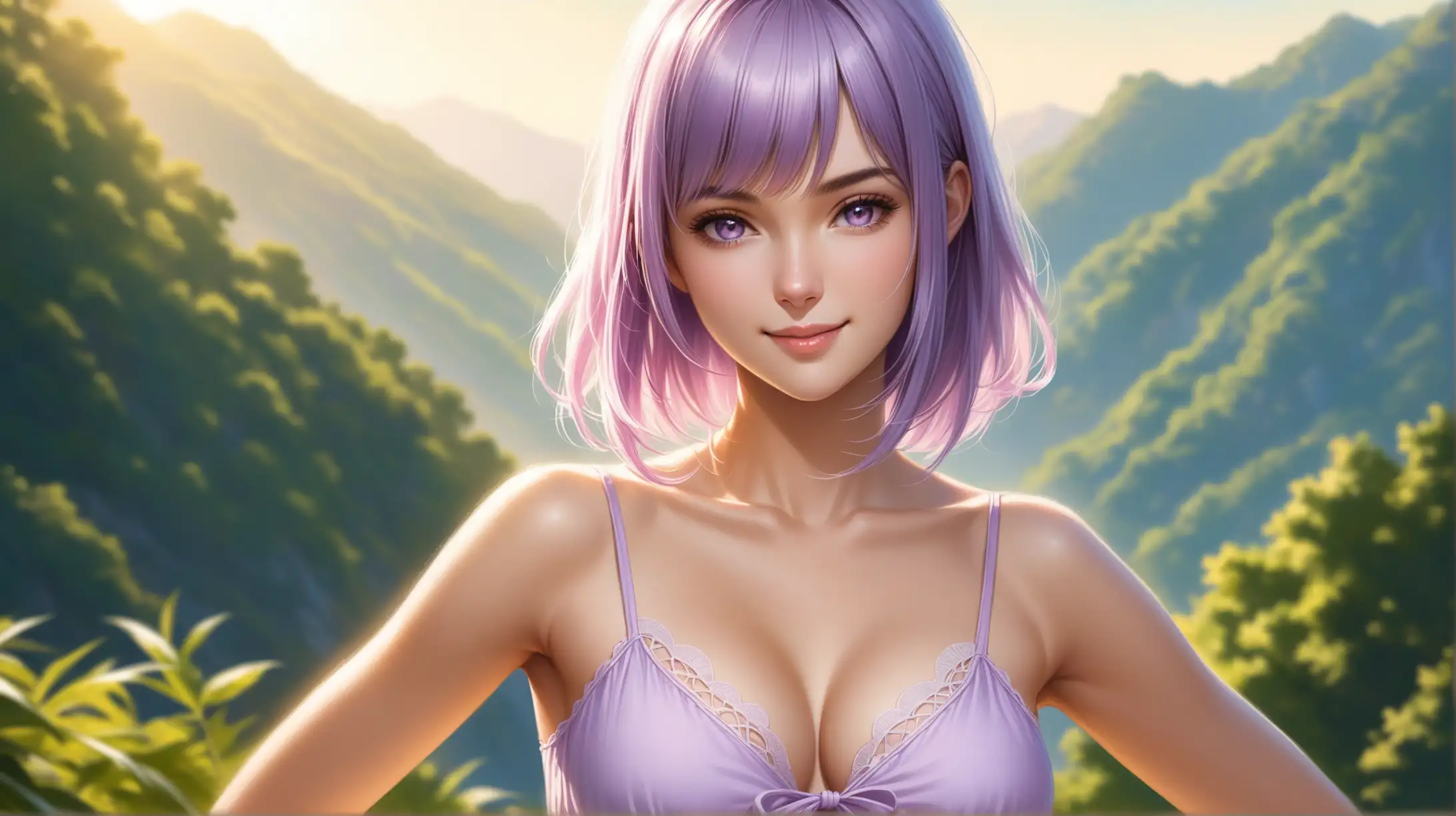 Seductive Woman with Short Light Purple Hair in Summer Outfit