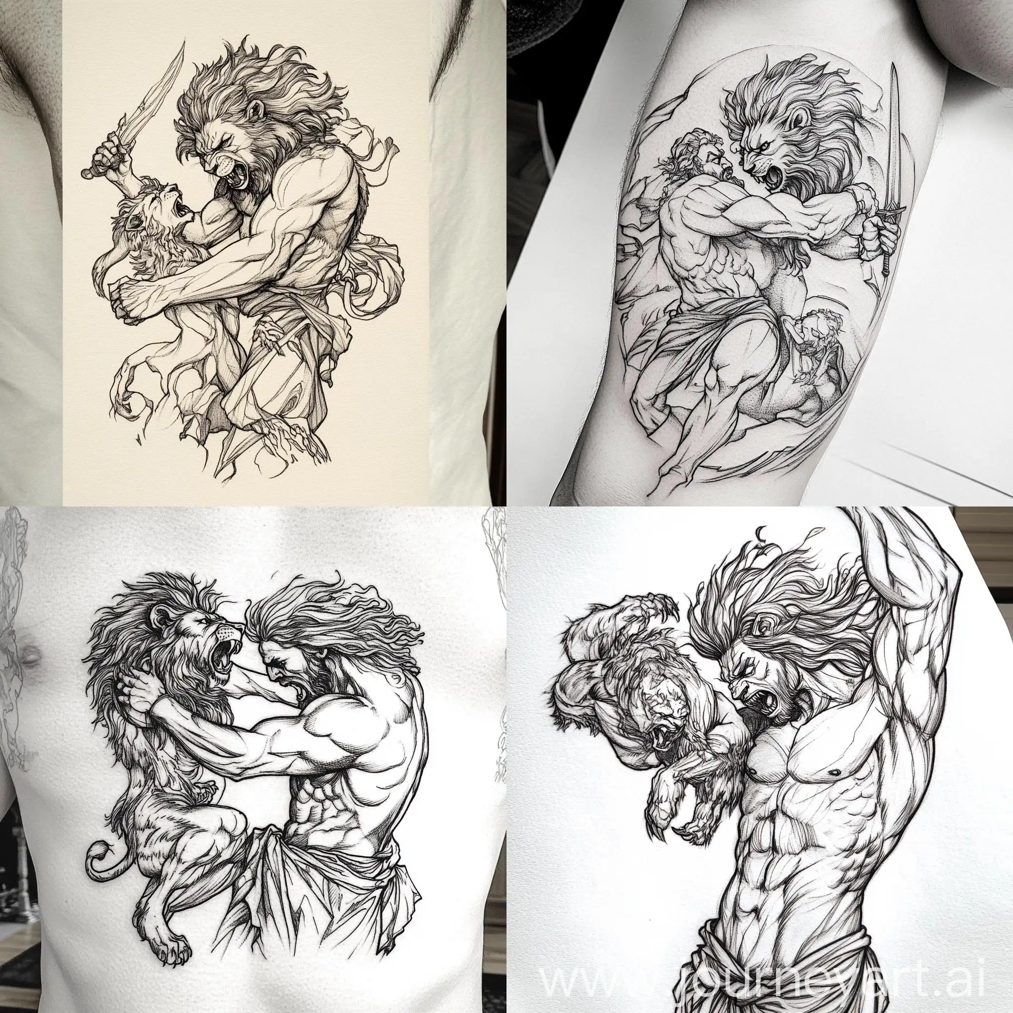 Engraving-Style-Tattoo-Sketch-Lion-Fighting-Hercules