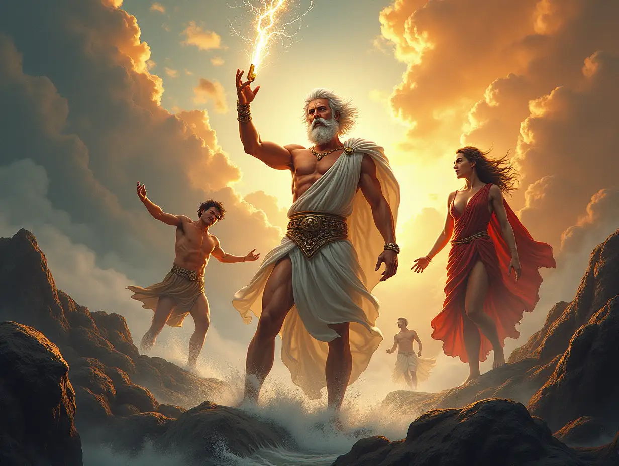 Create an image for your miniature that combines the main elements of the story. In the centre, Zeus, young and strong, holds aloft a lightning bolt, enveloped in an aura of divine power. To his left, Cronus falls defeated, his expression one of fury and despair as he sinks into the abyss. To the right, Gaia, the Earth Mother, stands as an imposing figure, connected to nature, while primal chaos swirls around her. The background should show Mount Olympus rising into the heavens amid golden clouds. The style should be epic and grand, with bright colours and dramatic contrasts that highlight the clash between titans and gods.