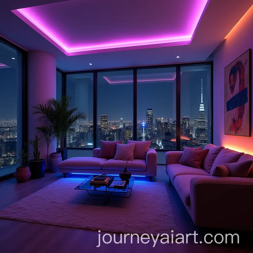 Modern-Cozy-Living-Room-at-Night-with-Neon-Accents-and-Cityscape-View