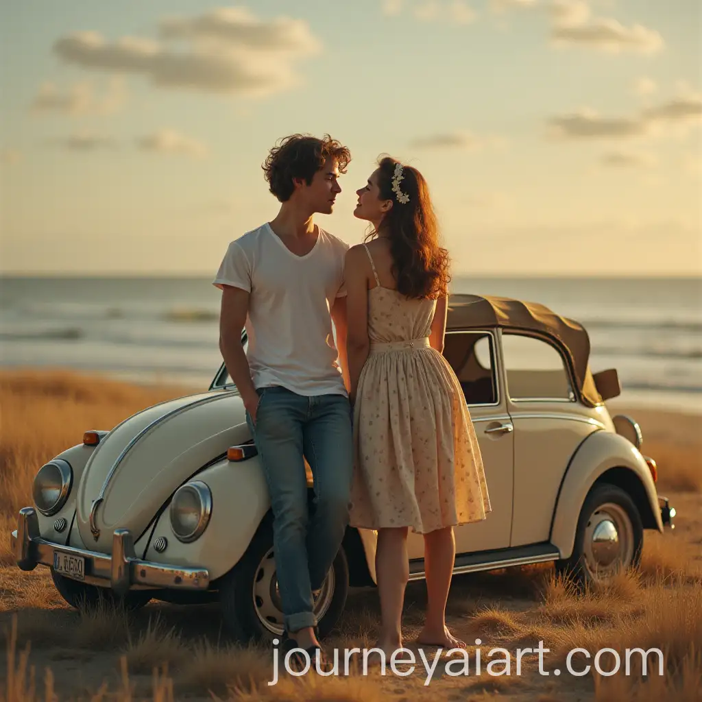 Boy-and-Girl-in-Contemplation-by-Vintage-Car-in-Peaceful-Moment-of-Love