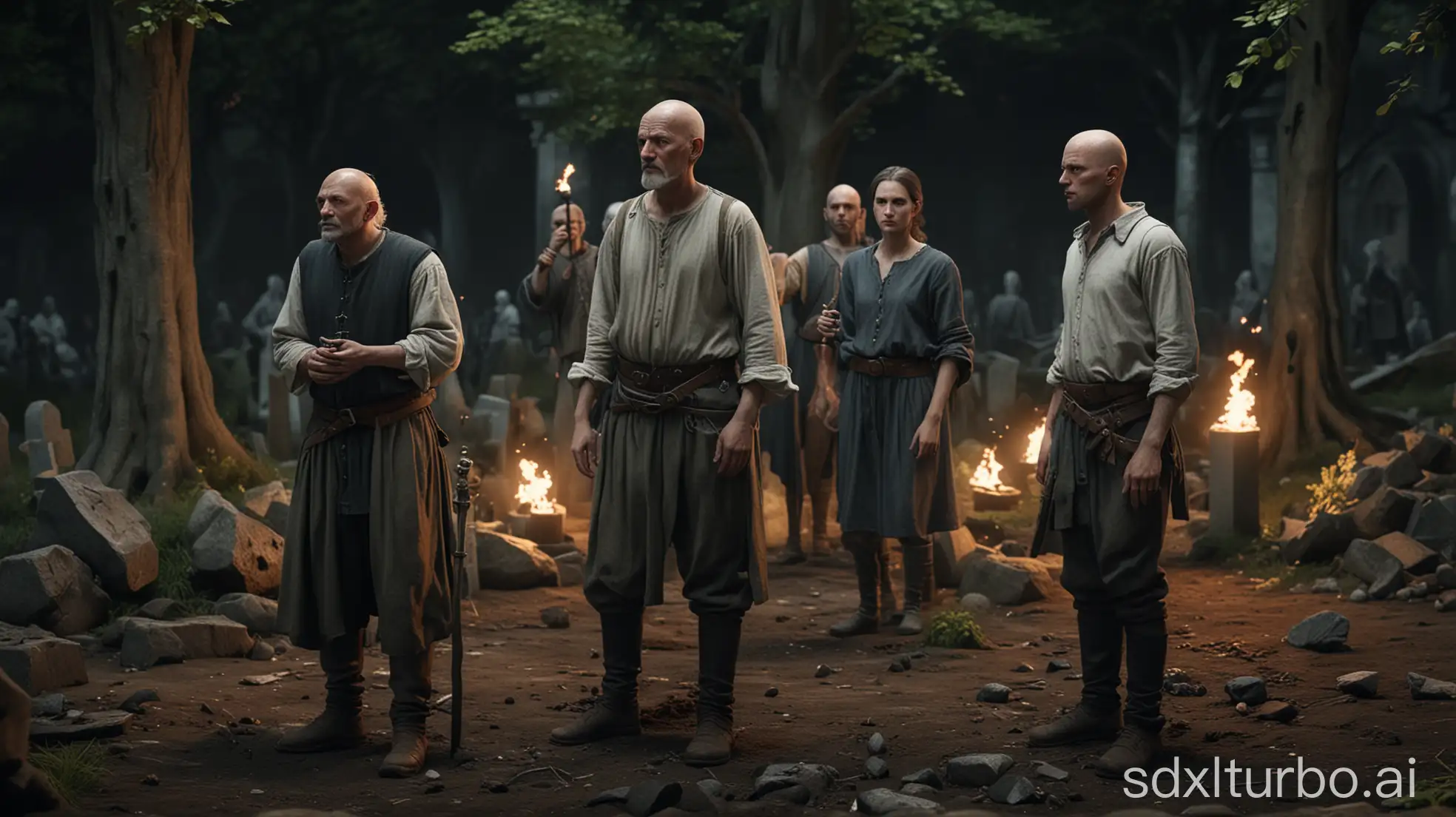 Several simple medieval peasants, young and old, fair-haired, dark-haired and bald, wearing simple medieval peasant shirts light up the space with torches. They stand near an empty deep grave dug in the ground beneath their feet in the old cemetery and stare at it in confusion. They have a look of worry and frustration on their faces. Ultra-realistic, 8k, cinematic lighting, soft shadows, depth of field, sharp focus, realistic skin texture, dramatic tone, consistent character, same outfit, same face, identity lock, highly detailed, Unreal Engine style