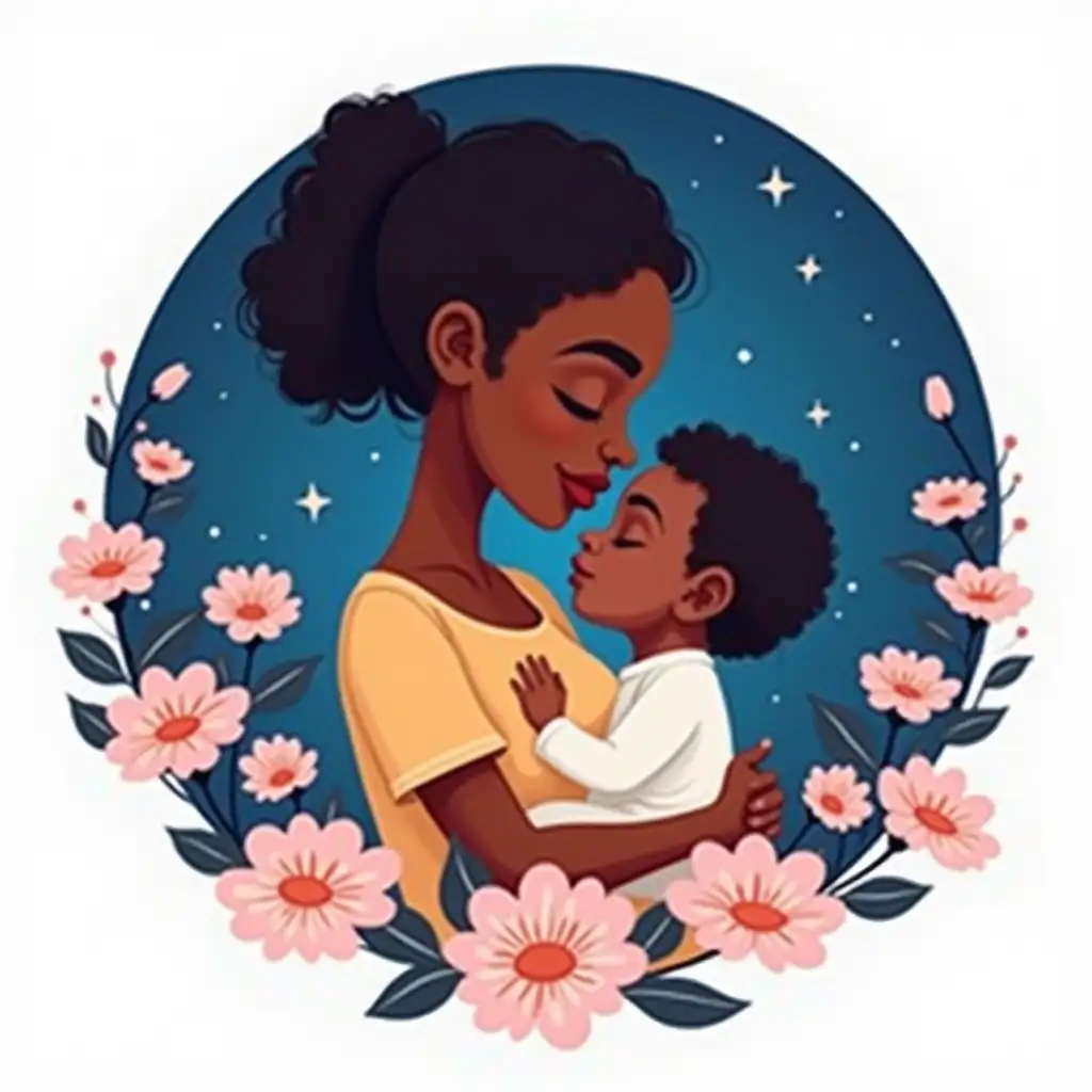 Tender illustration, African mother and child, circular composition, floral frame, soft pastel colors, blue and pink palette, night sky background, gentle expressions, sleeping baby, maternal love, delicate flowers, digital art style, peaceful atmosphere, motherhood theme, stylized characters, elegant design, dreamy mood, serene portrait, nurturing embrace, organic shapes , isolated on white background